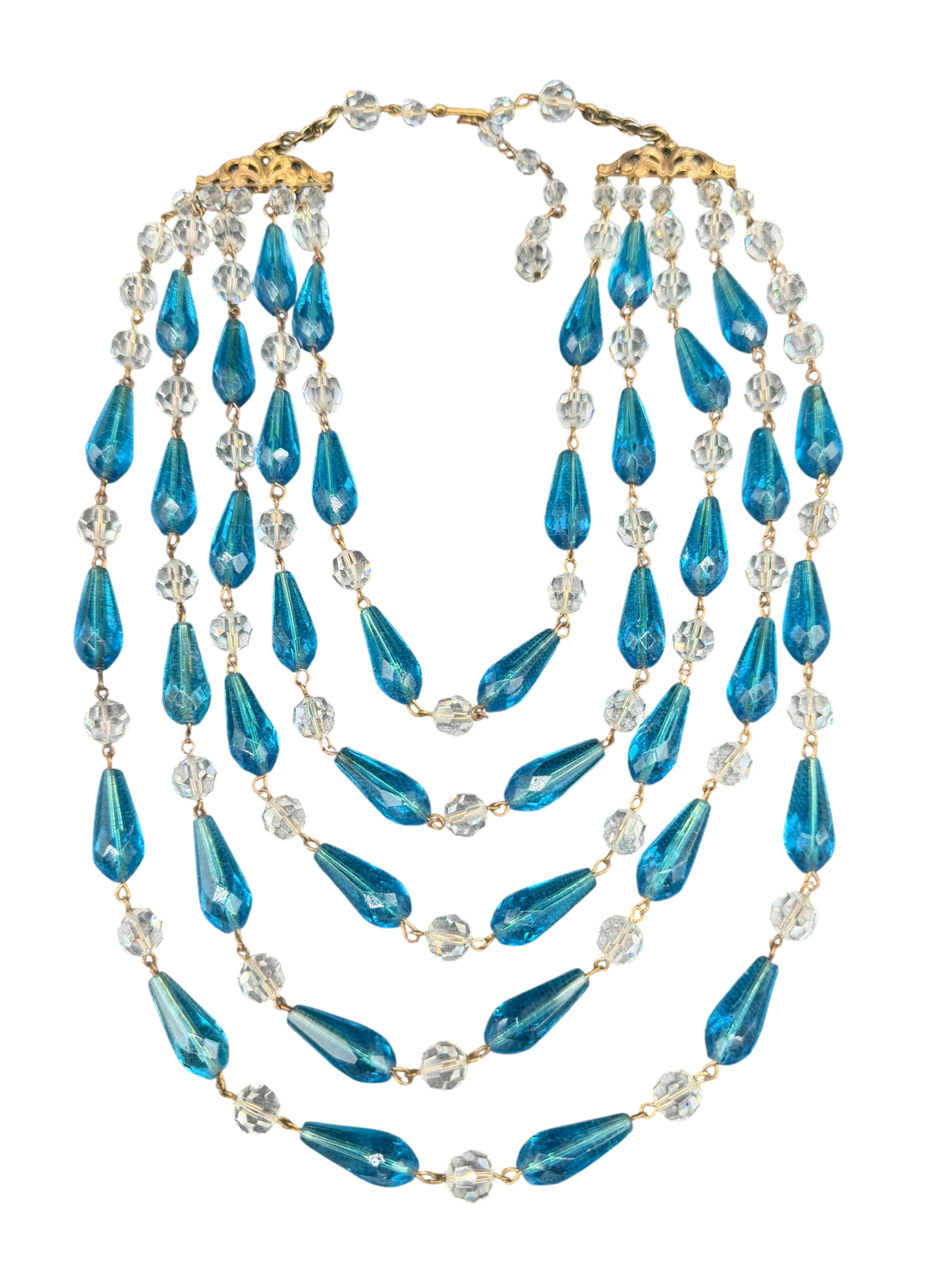 1950s Lead Crystal 5-Strand Necklace with Teal Teardrops and Matching Earrings