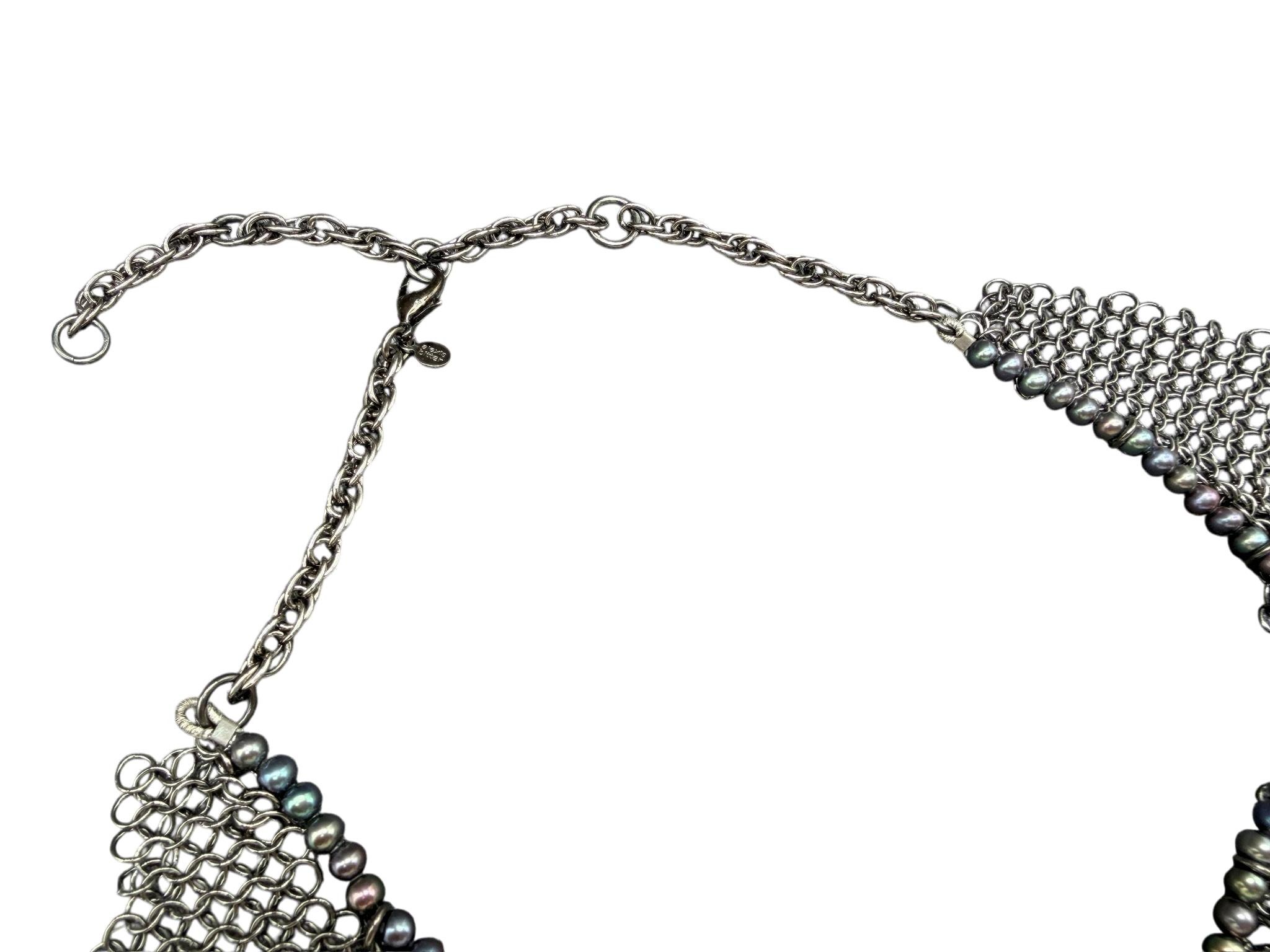 Rare 1980s Alexis Bittar Gunmetal Chain Mail Bib Necklace with Coral & Resin Peacock Accents