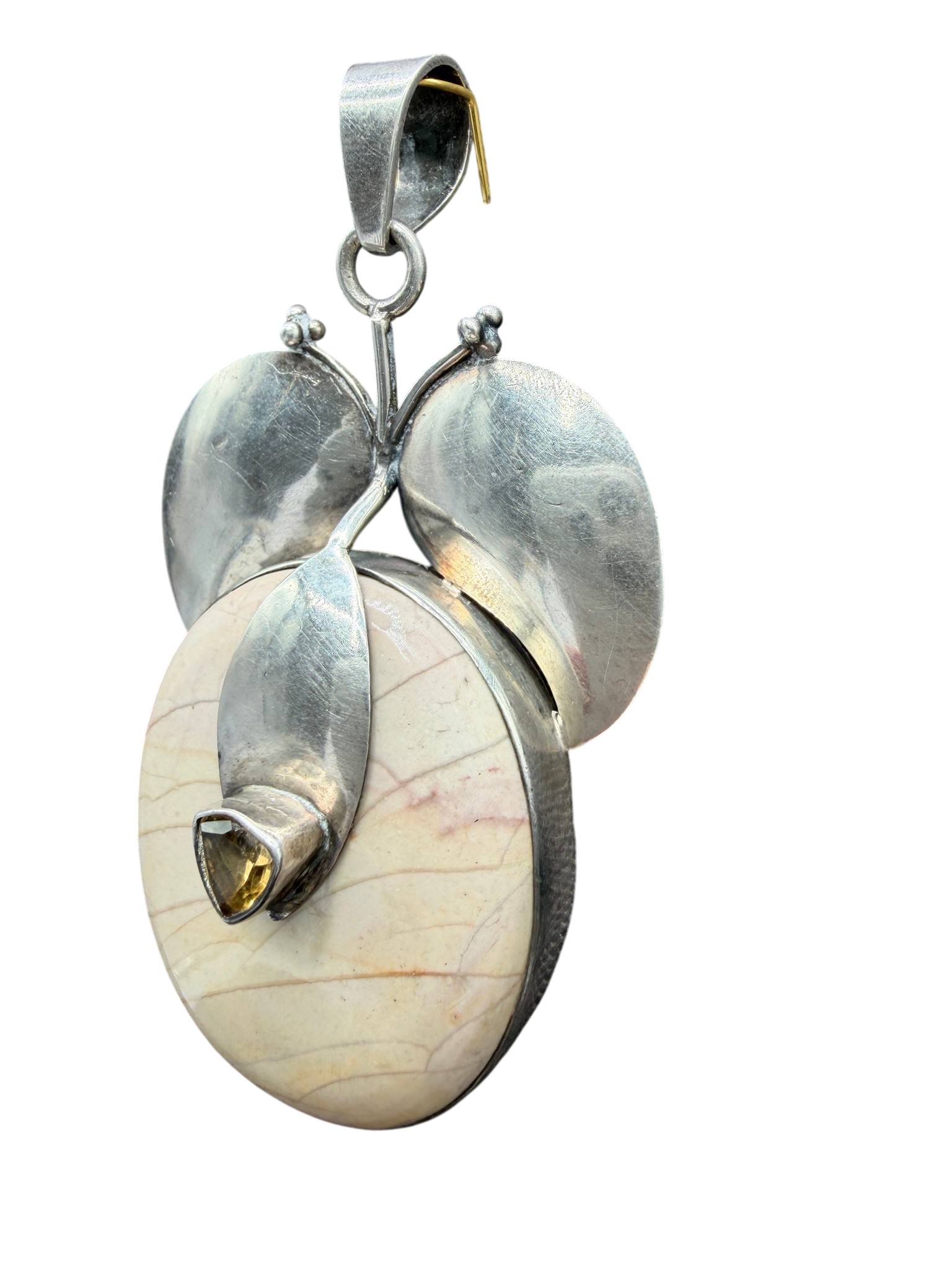 1970s Sterling Silver Jasper Pendant with Leaf and Quartz Detail