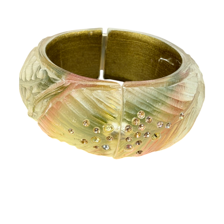 1990s Alexis Bittar Hand-Carved Lucite Leaf Clamper Bangle with Swarovski Crystals