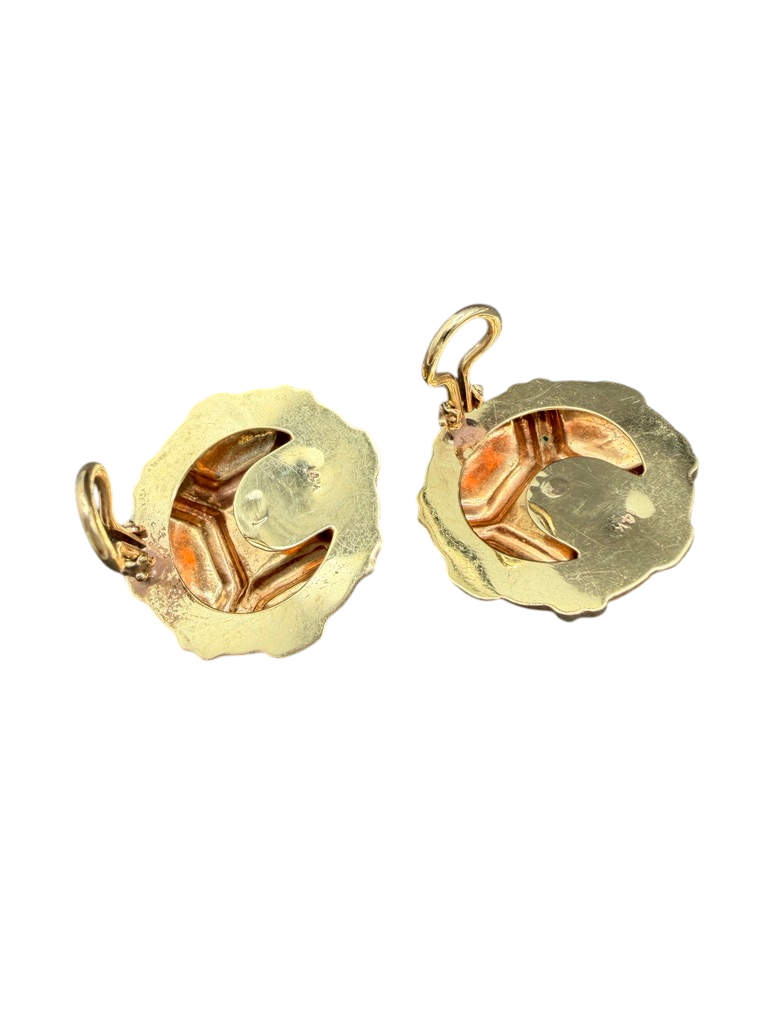 1980s 14K Gold Hollow Disc Clip Earrings with Garnet Cabochons