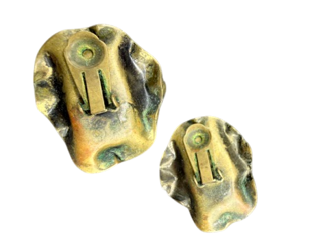 1950s Brutalist Brass Clip-On Earrings with Raw Pyrite