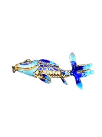 1920s Sterling Silver & Cobalt Cloisonné Enamel Articulated Koi Fish Brooch