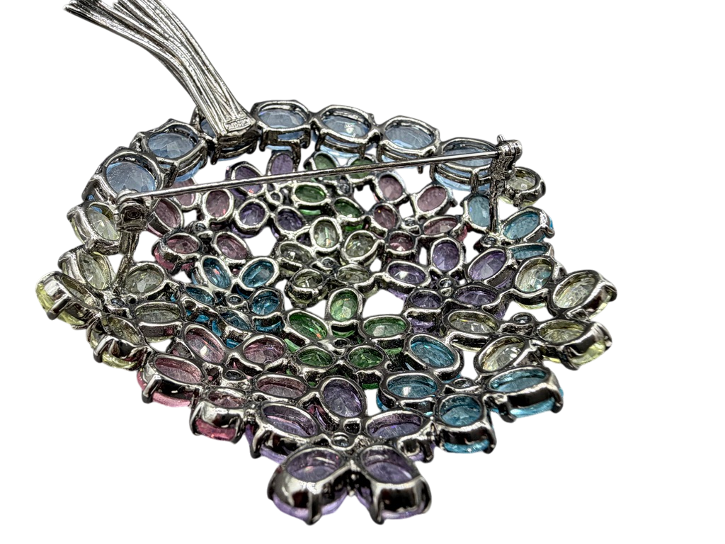 1980s Statement Sterling Silver Pastel Swarovski Crystal Flower Bouquet Brooch