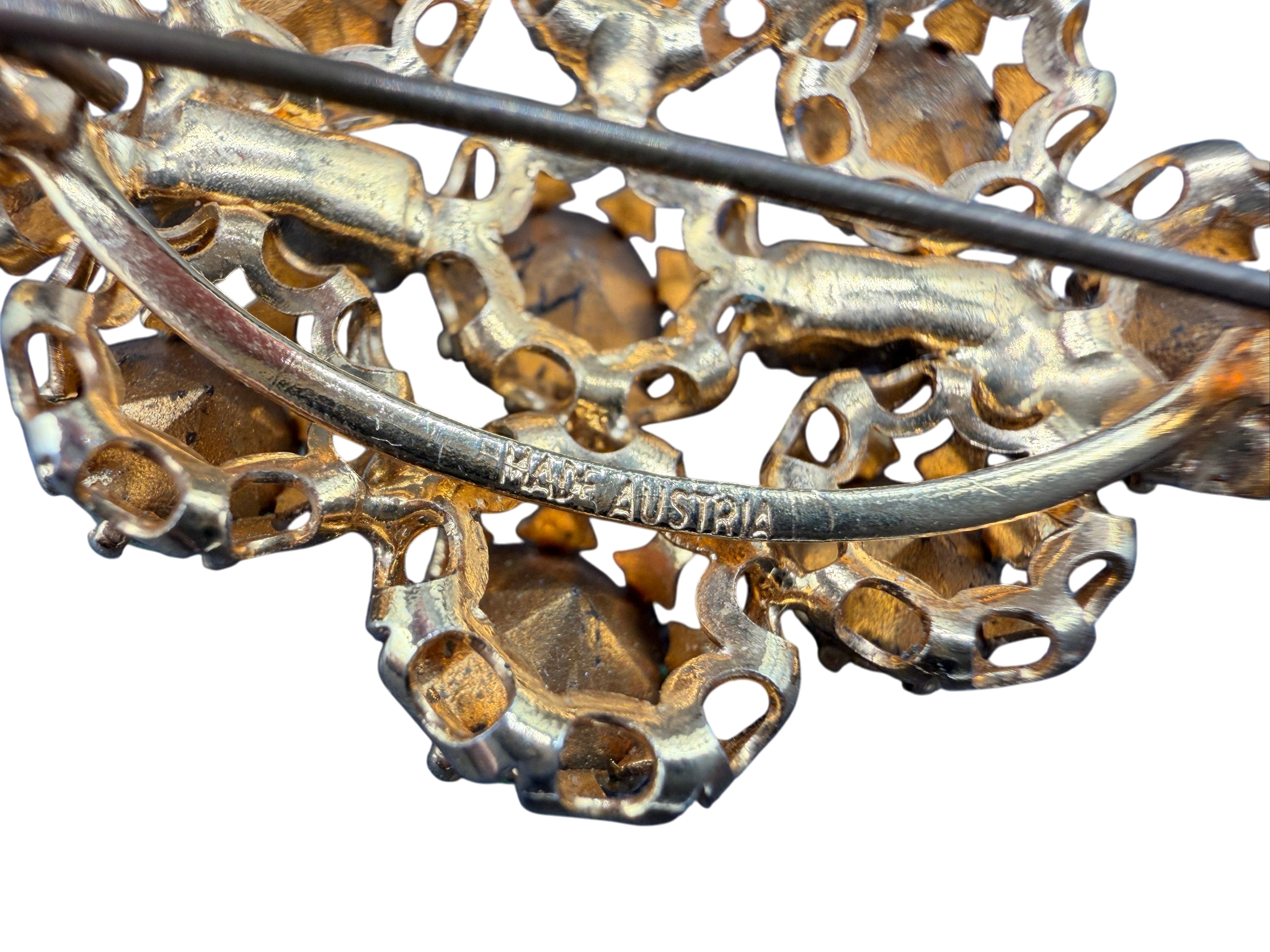 1950s Made in Austria Gold-Tone Diamond-Shaped Brooch with Green Austrian Crystals