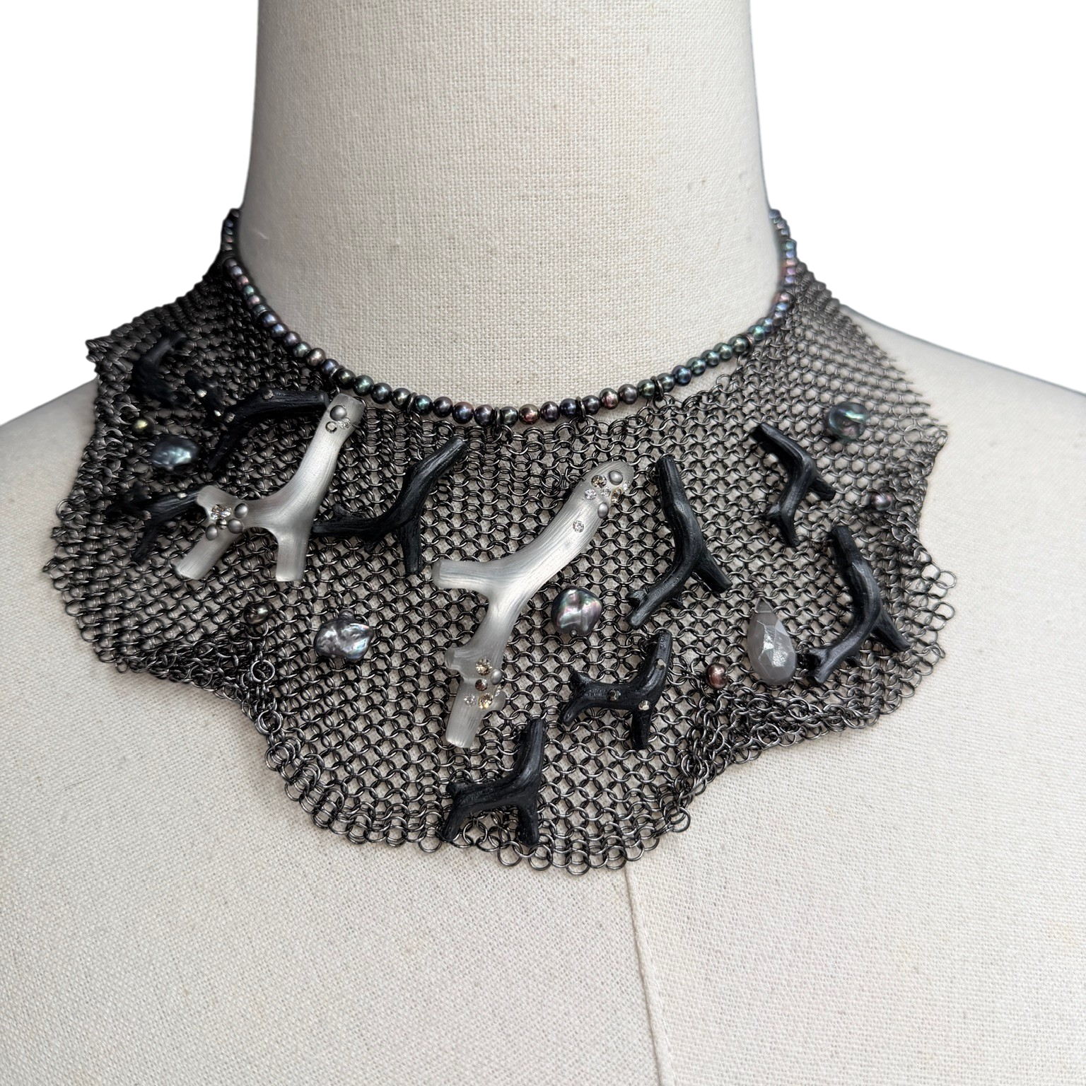 Rare 1980s Alexis Bittar Gunmetal Chain Mail Bib Necklace with Coral & Resin Peacock Accents