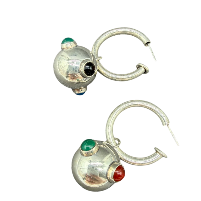 1970s Sterling Silver Hoop Earrings with Dangle Orb and Cabochon Stones