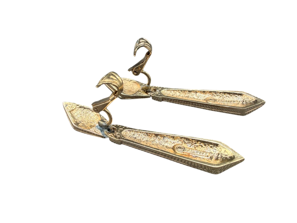 MCM 1970s Panetta Gold-Tone Tie-Shaped Drop Earrings with Pavé Rhinestones