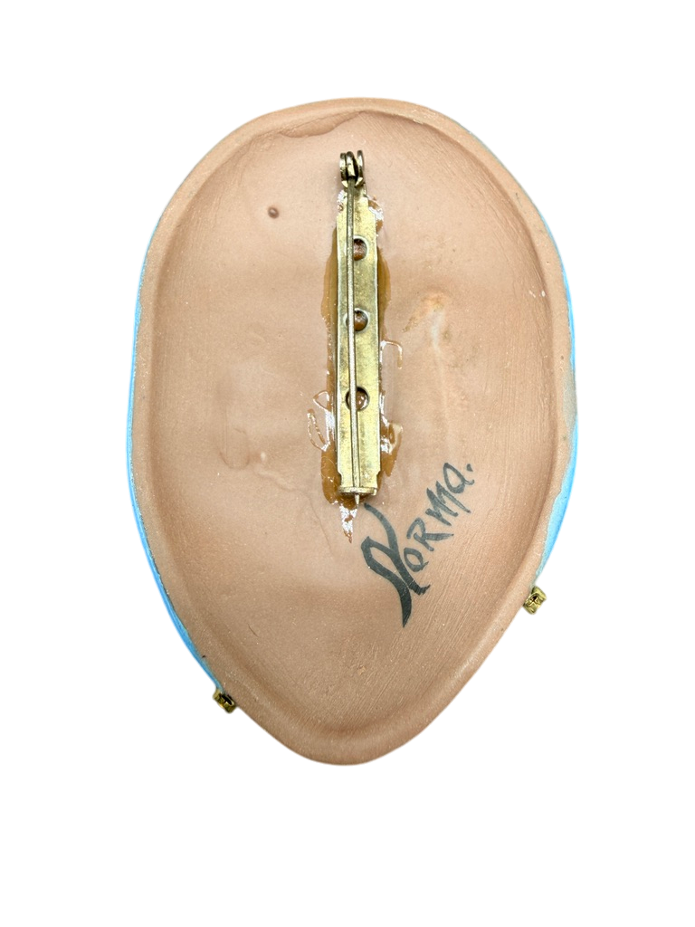 1980s Norma Hand-Painted Porcelain Face Brooch with Rhinestone Detail