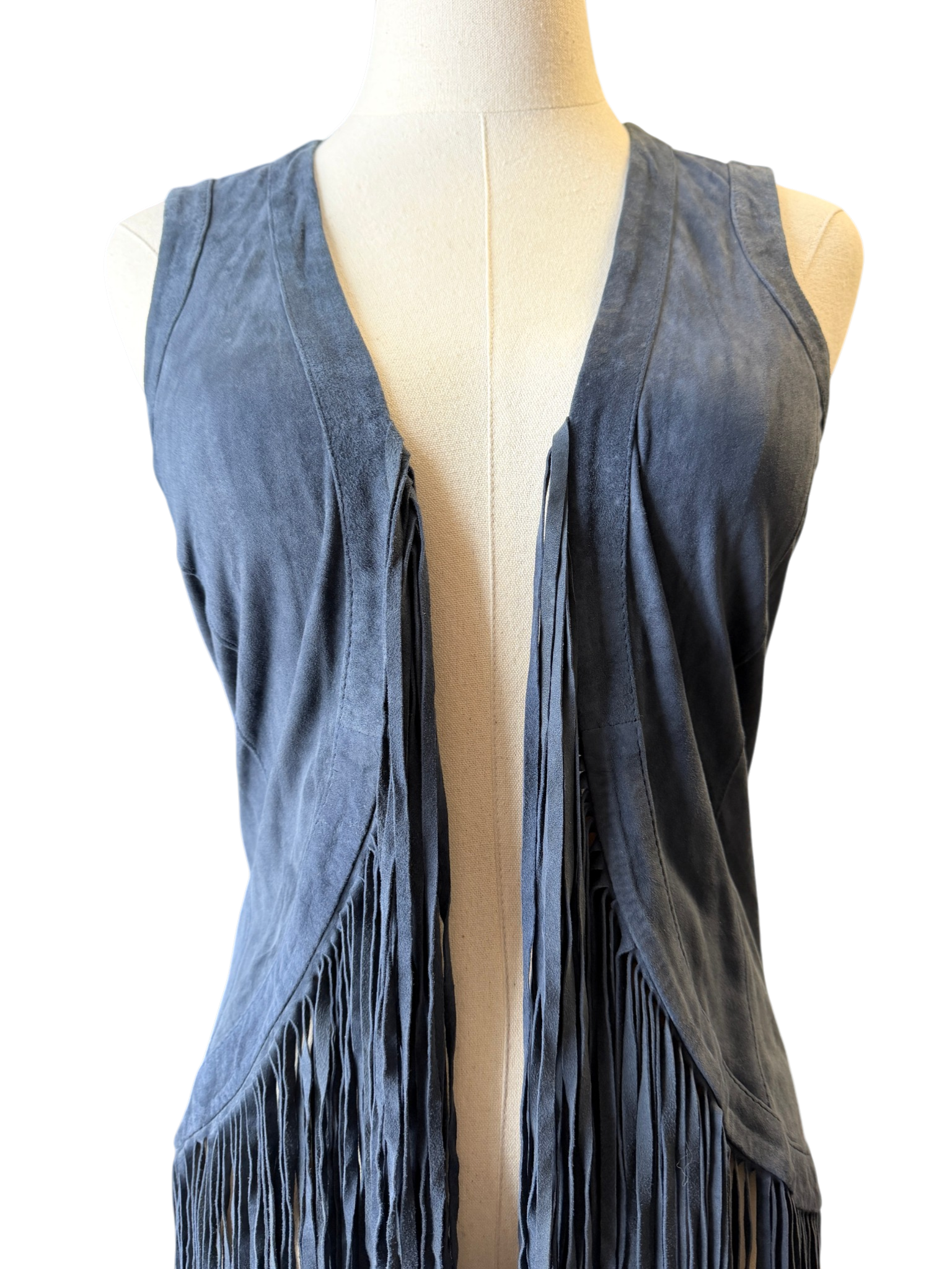 Donale St. Barts Navy Suede Fitted Vest with Fringe Hem