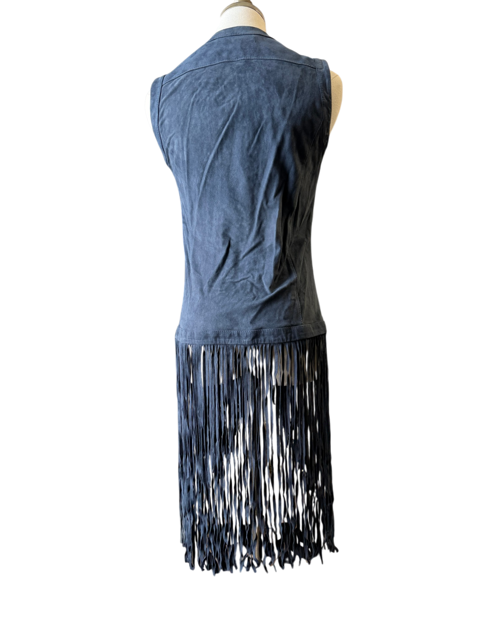 Donale St. Barts Navy Suede Fitted Vest with Fringe Hem