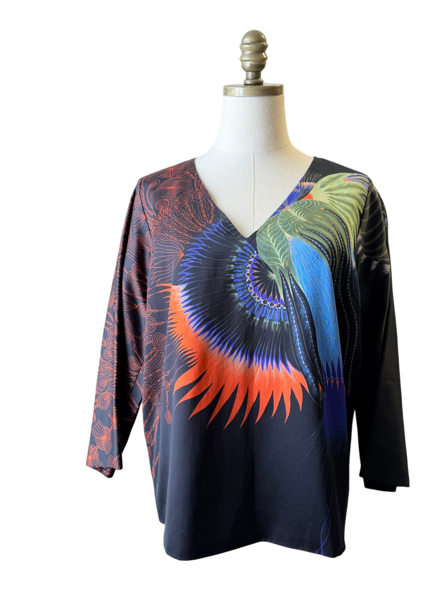 2019 Dries Van Noten Silk Feather Print V-Neck Tunic