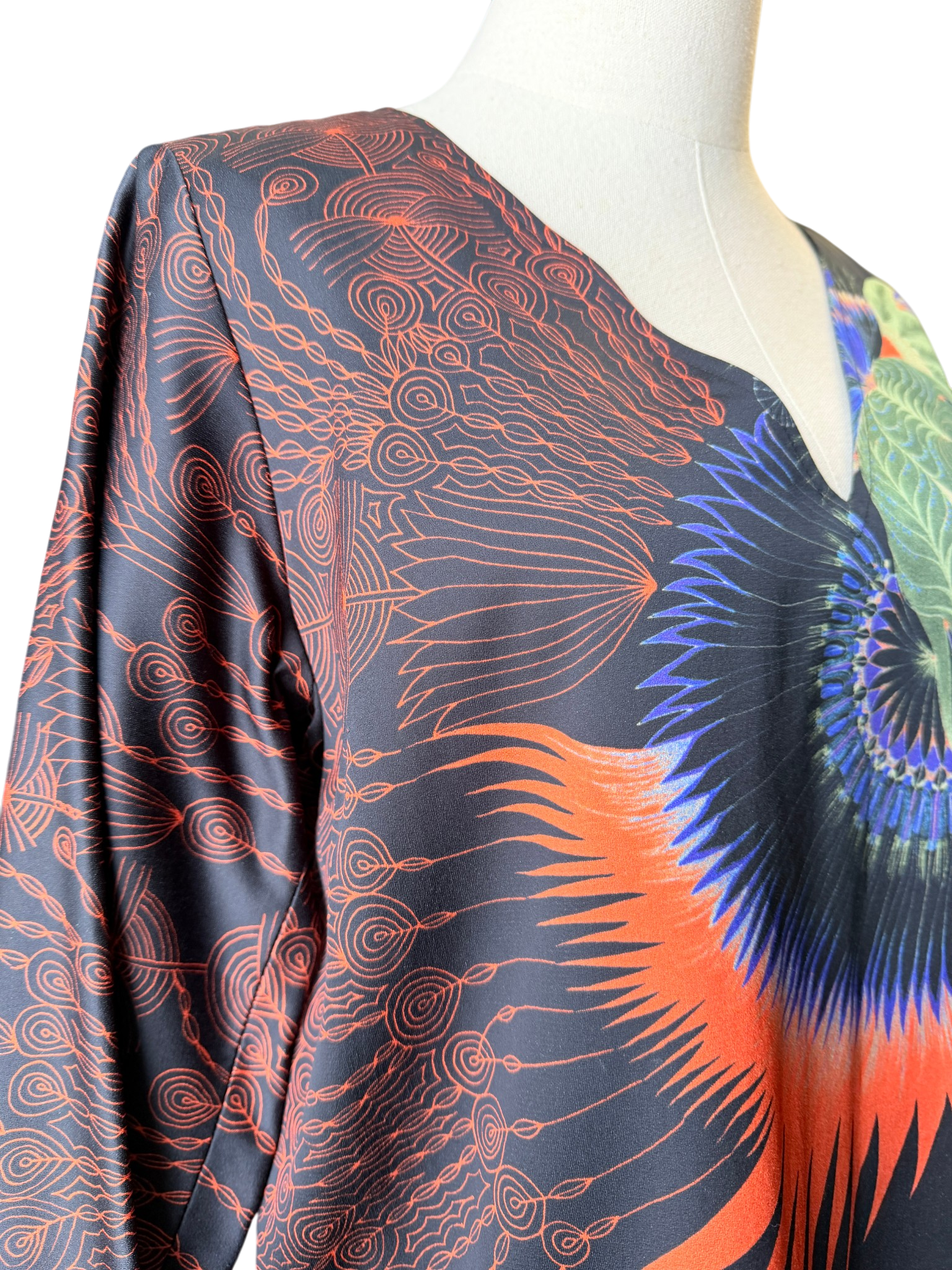2019 Dries Van Noten Silk Feather Print V-Neck Tunic