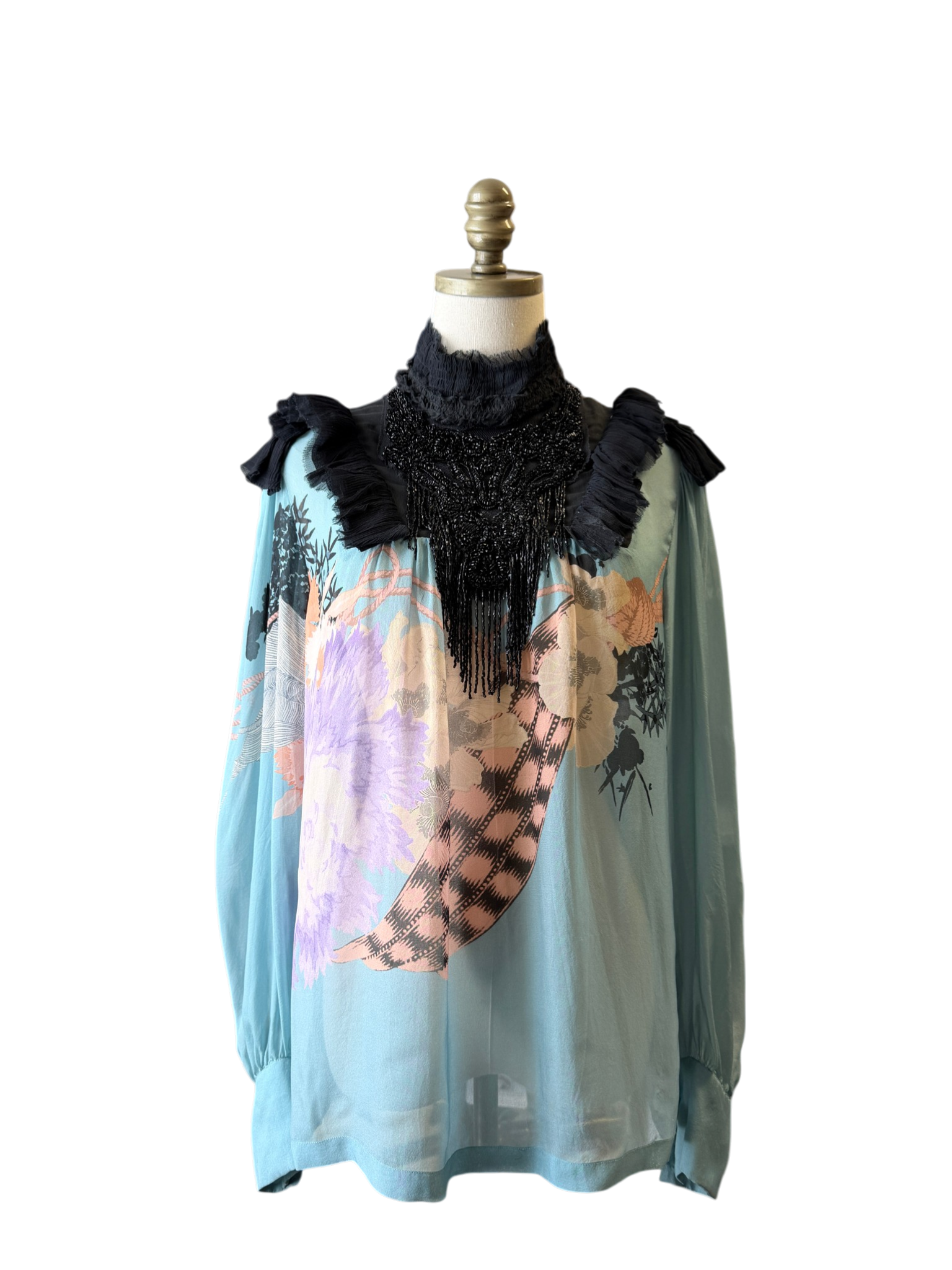 2016 Dries Van Noten Sheer Silk Abstract Print Blouse with Beaded Ruffle Detail