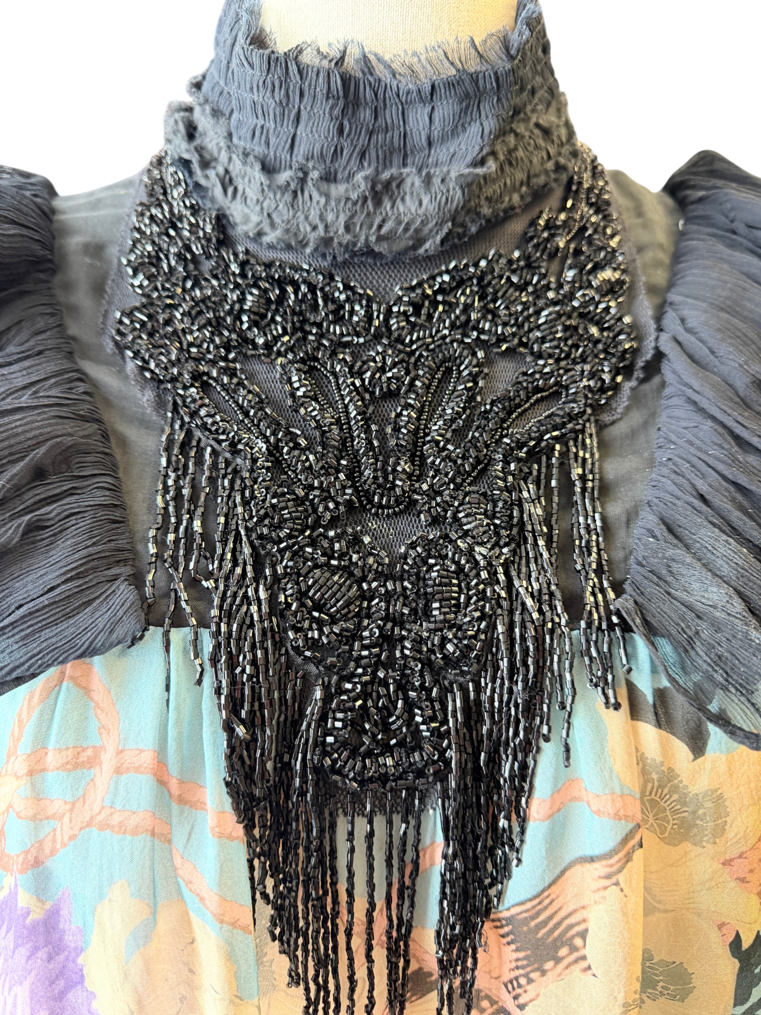 2016 Dries Van Noten Sheer Silk Abstract Print Blouse with Beaded Ruffle Detail