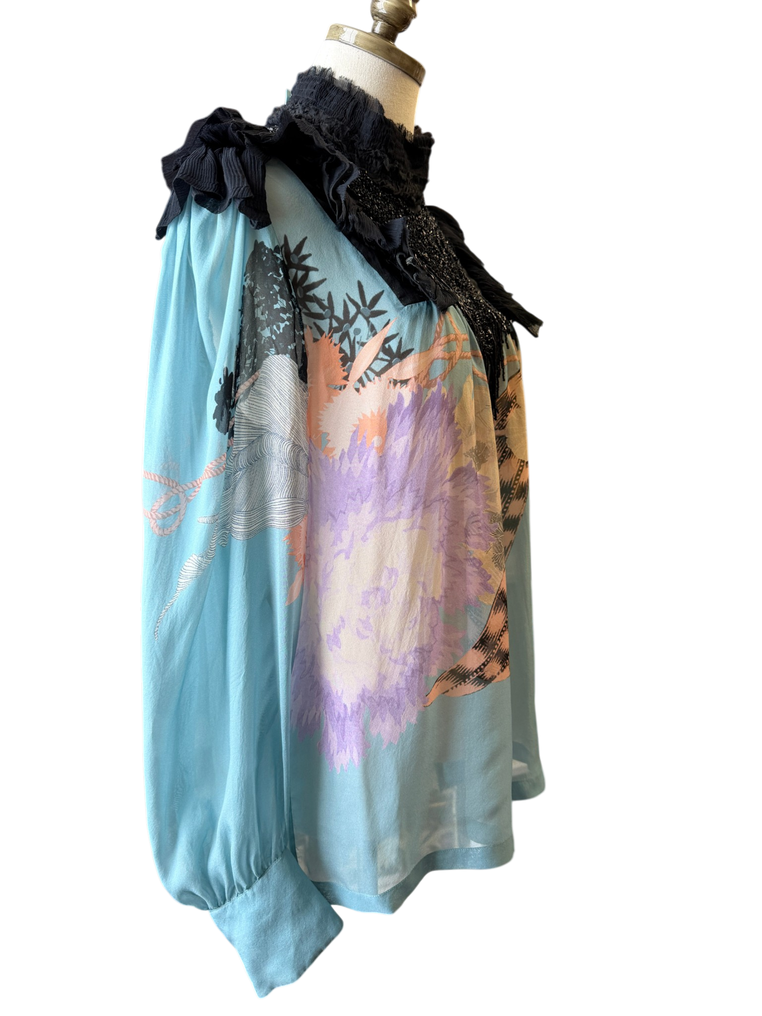 2016 Dries Van Noten Sheer Silk Abstract Print Blouse with Beaded Ruffle Detail