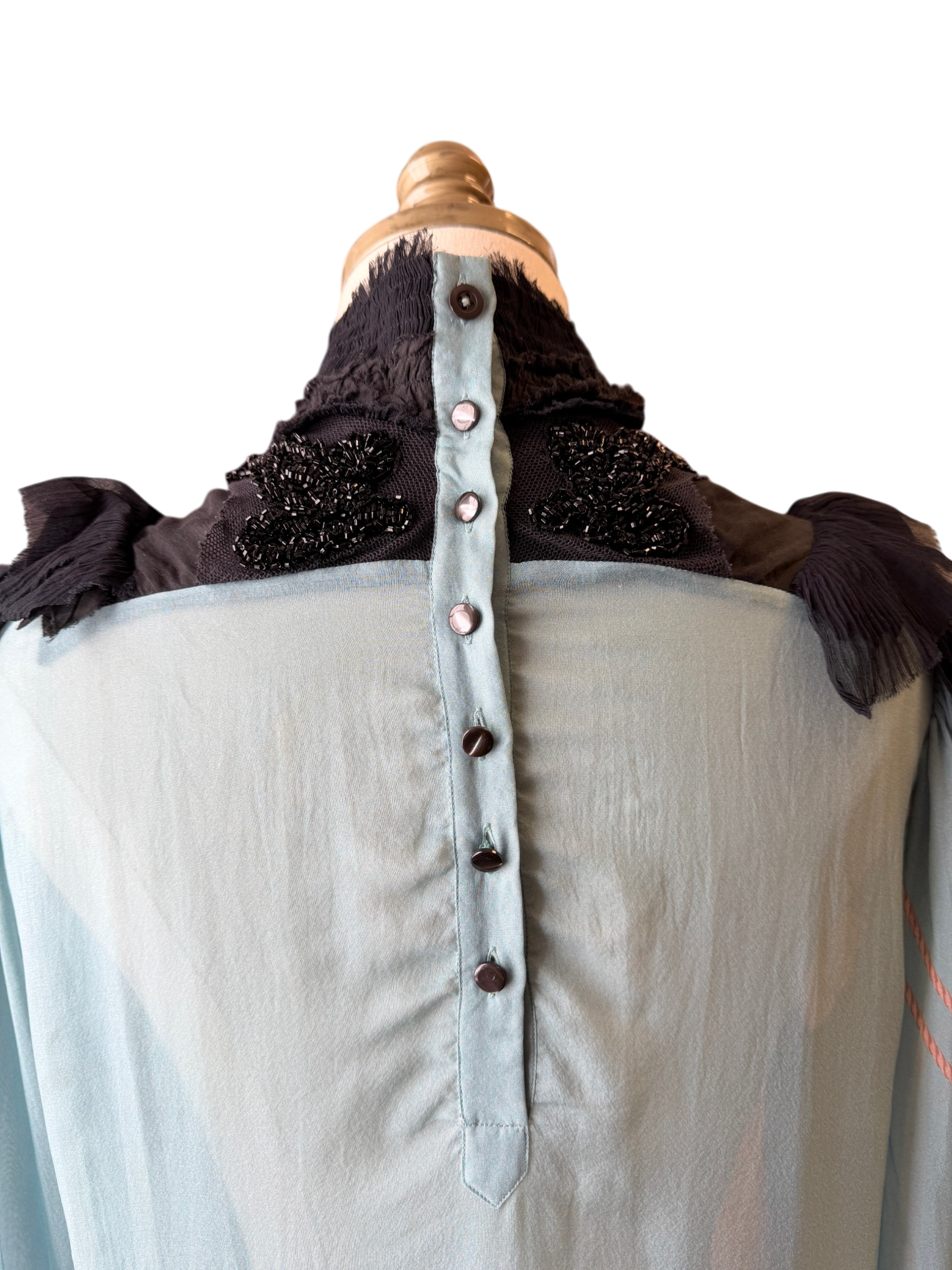 2016 Dries Van Noten Sheer Silk Abstract Print Blouse with Beaded Ruffle Detail