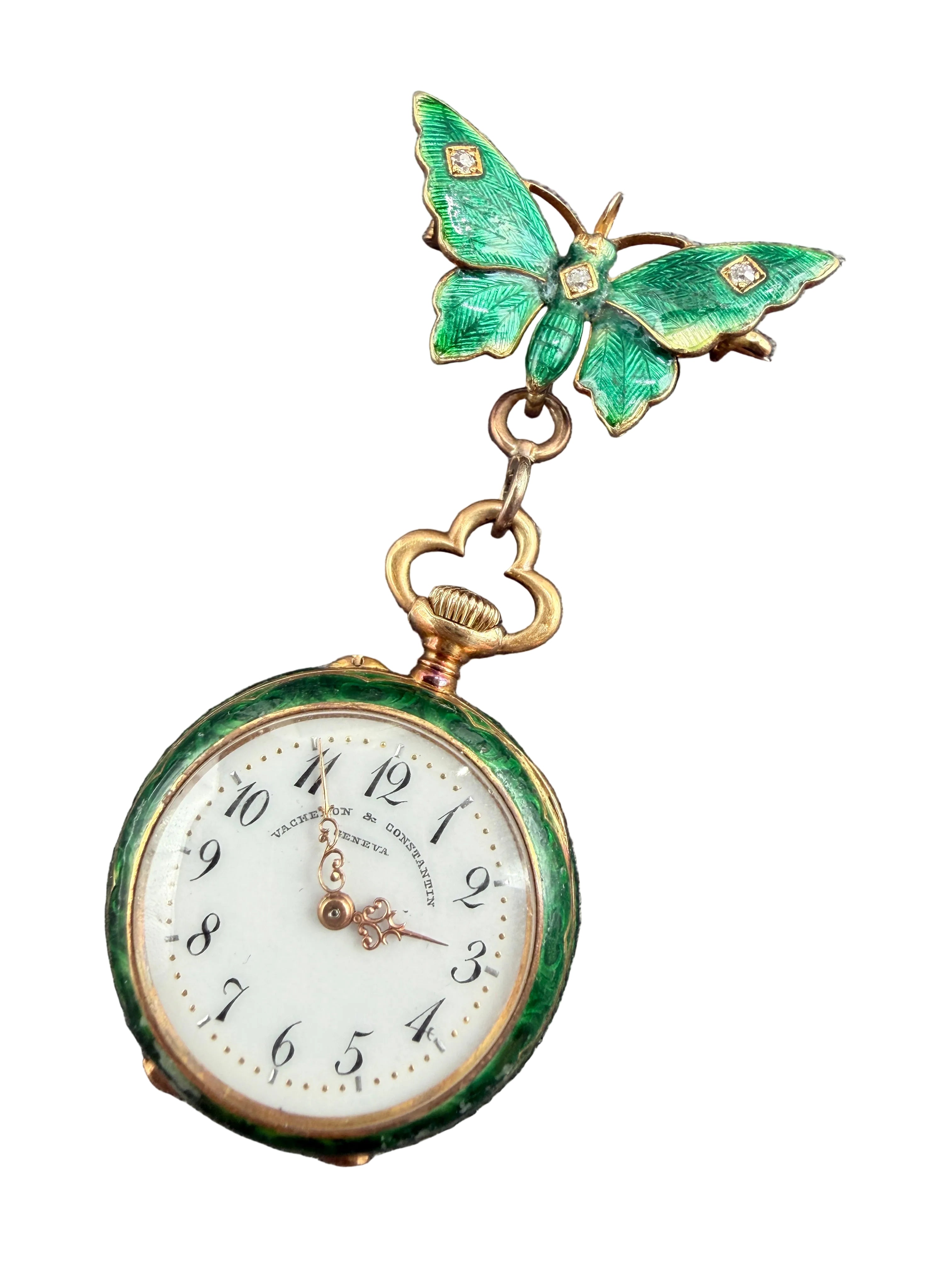 KO11 Victorian 1910c. Vacheron Constantin 18k Gold Green guilloche butterfly brooch with handing 2 sided watch locket both accented with Rose cut diamonds