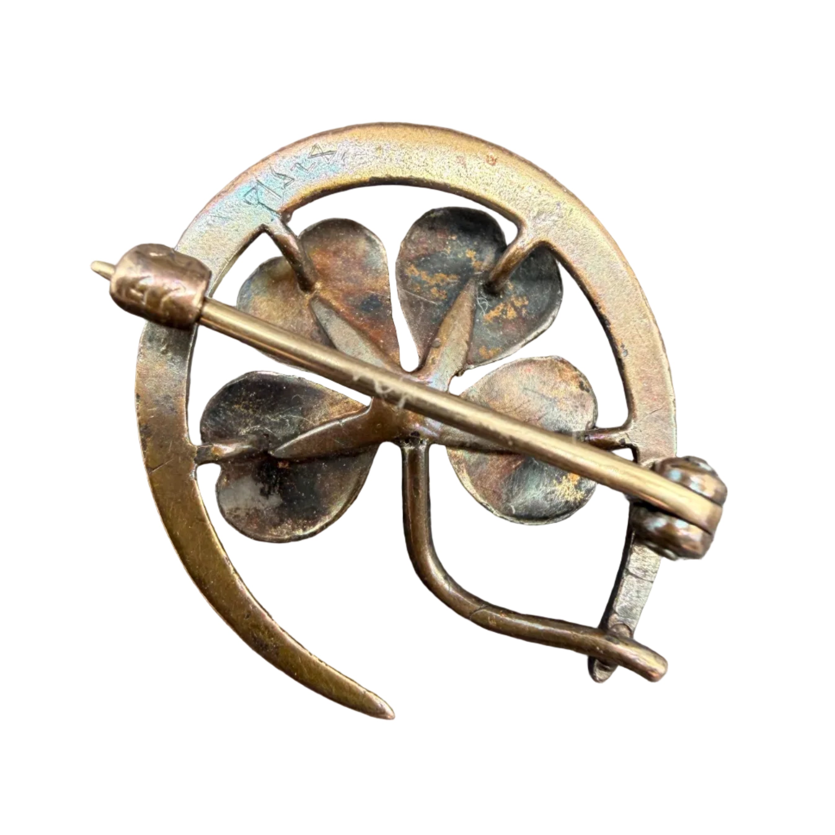 Rare 1930s Krementz & Co. 14K Gold Guilloché Horseshoe & Four-Leaf Clover Brooch with Diamond