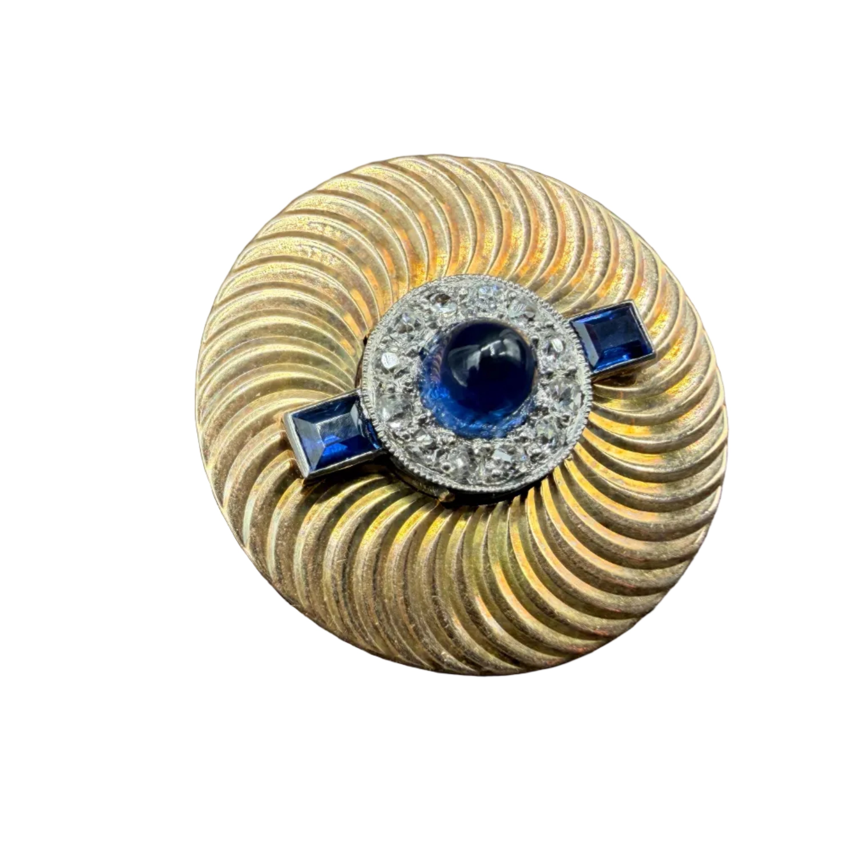 1940s 14K Gold Spiral-Cut Disc Brooch with Cabochon Sapphire, Diamonds & Square-Cut Sapphires