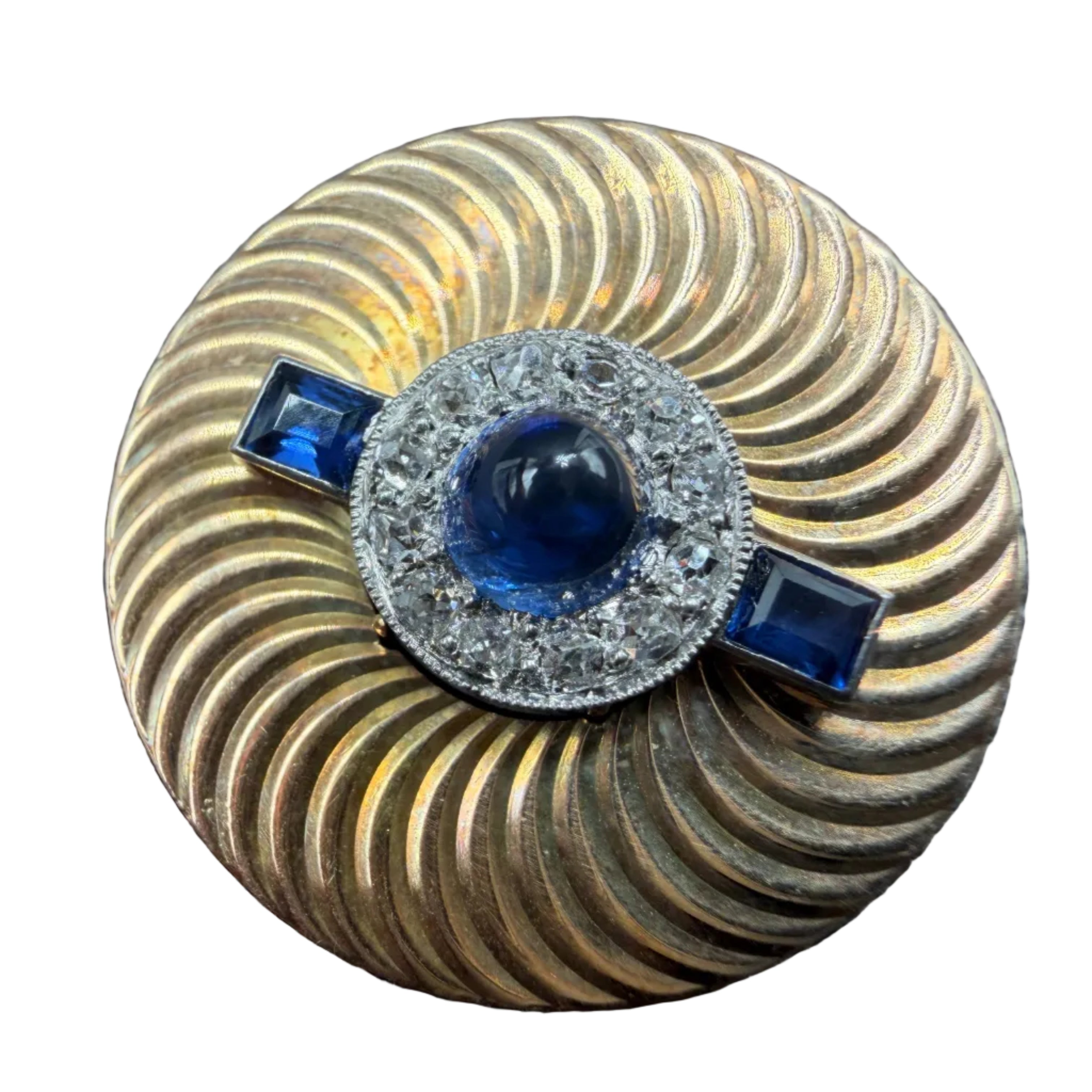 1940s 14K Gold Spiral-Cut Disc Brooch with Cabochon Sapphire, Diamonds & Square-Cut Sapphires
