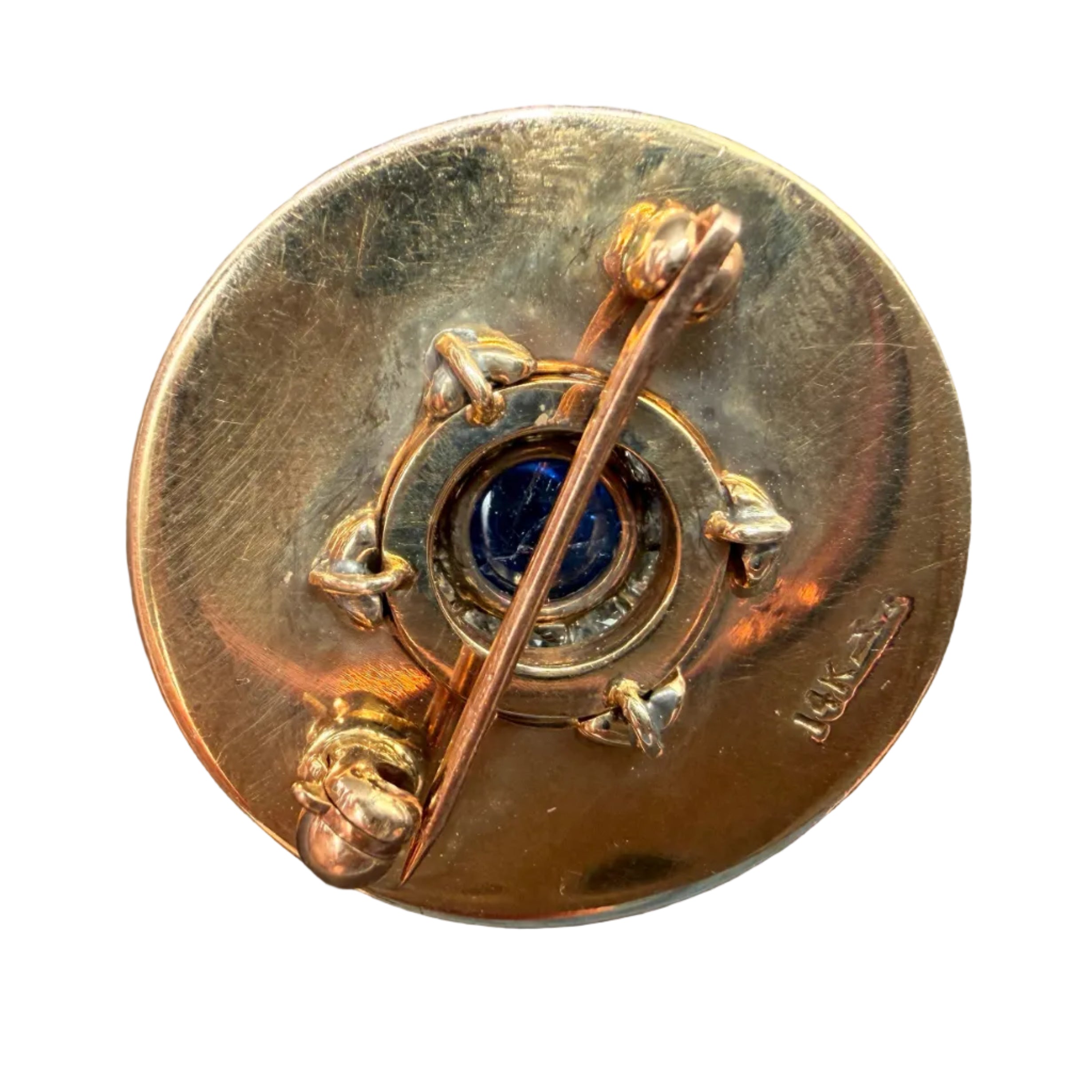 1940s 14K Gold Spiral-Cut Disc Brooch with Cabochon Sapphire, Diamonds & Square-Cut Sapphires