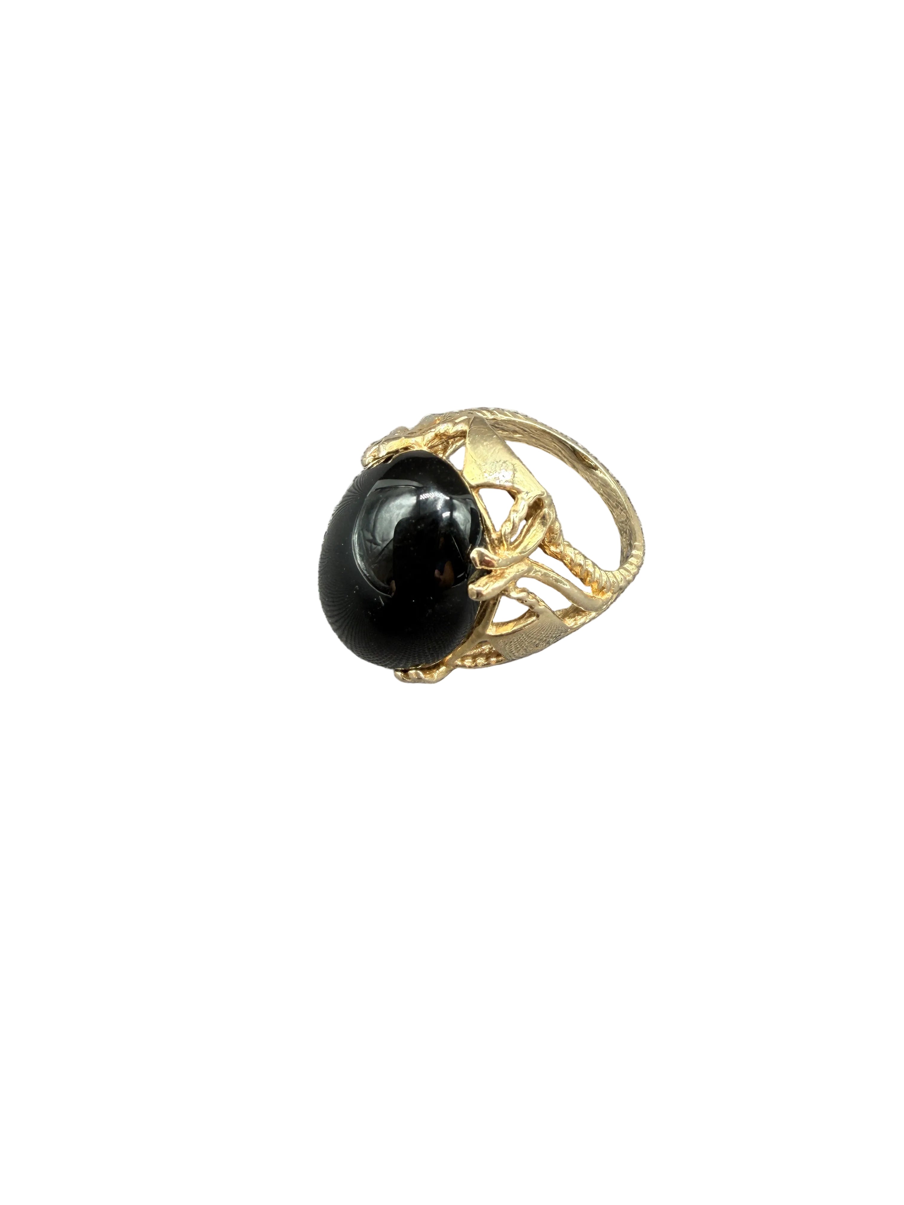 1920s Art Deco 14K Gold Onyx Cocktail Ring with Open Diamond-Shaped Shoulders