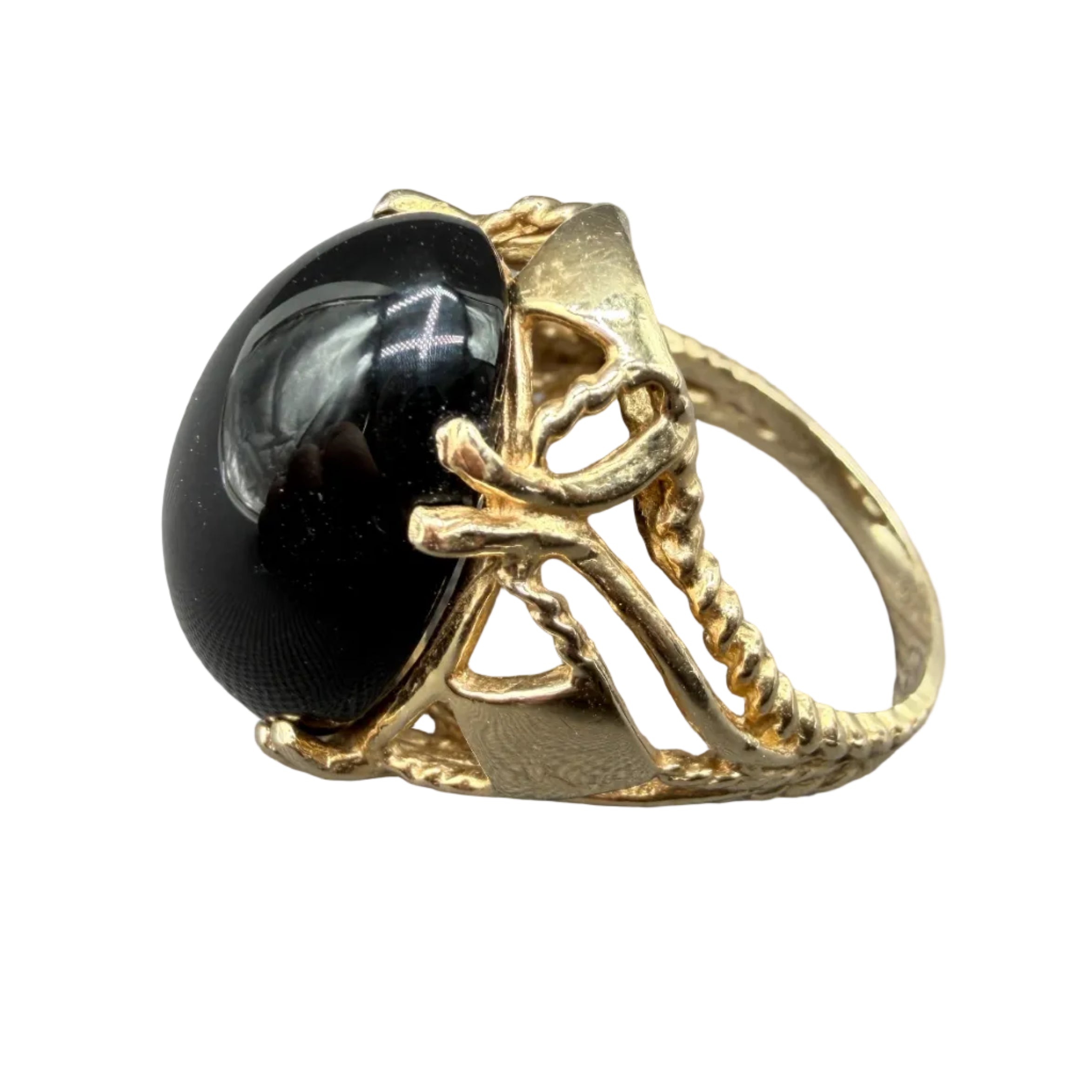 1920s Art Deco 14K Gold Onyx Cocktail Ring with Open Diamond-Shaped Shoulders