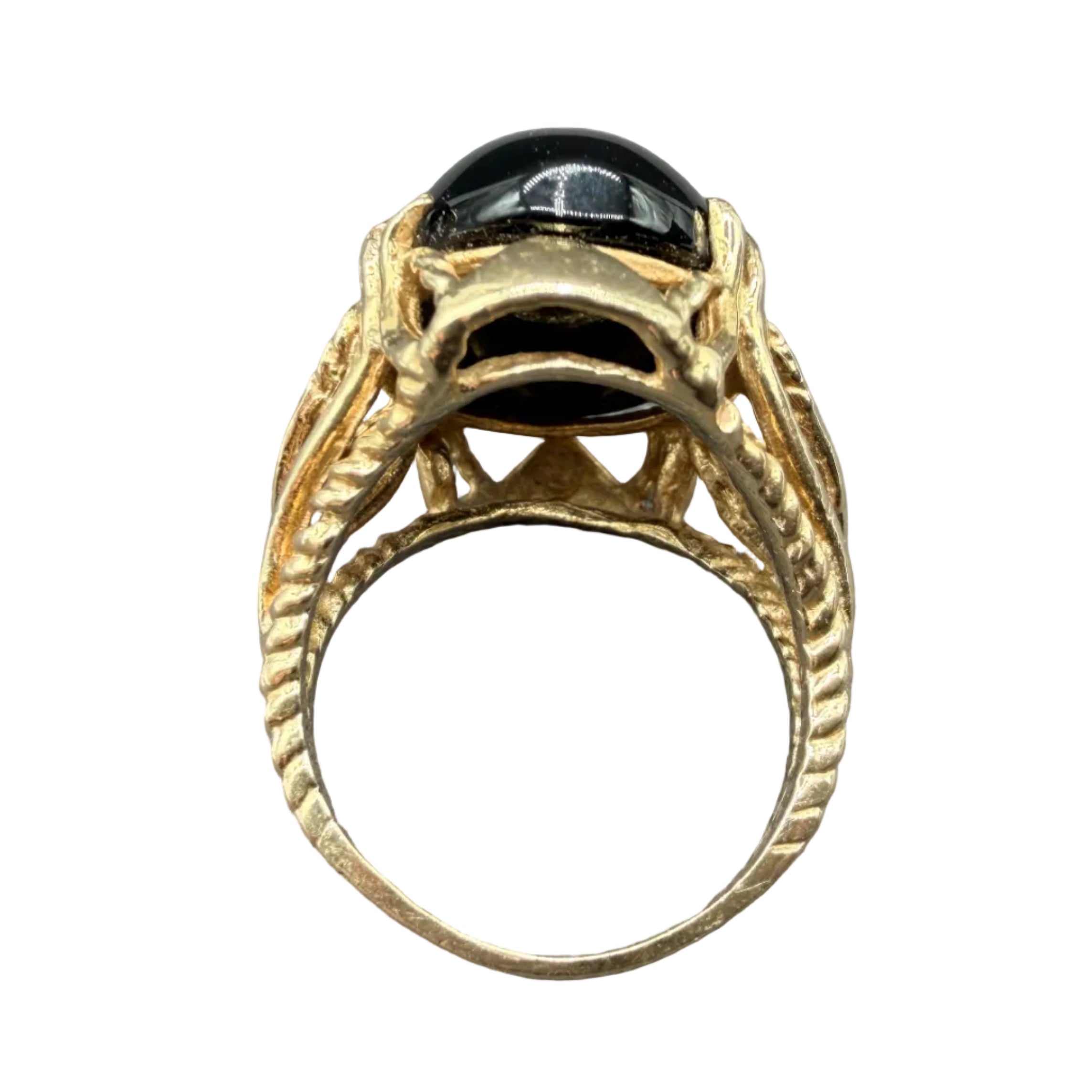 1920s Art Deco 14K Gold Onyx Cocktail Ring with Open Diamond-Shaped Shoulders