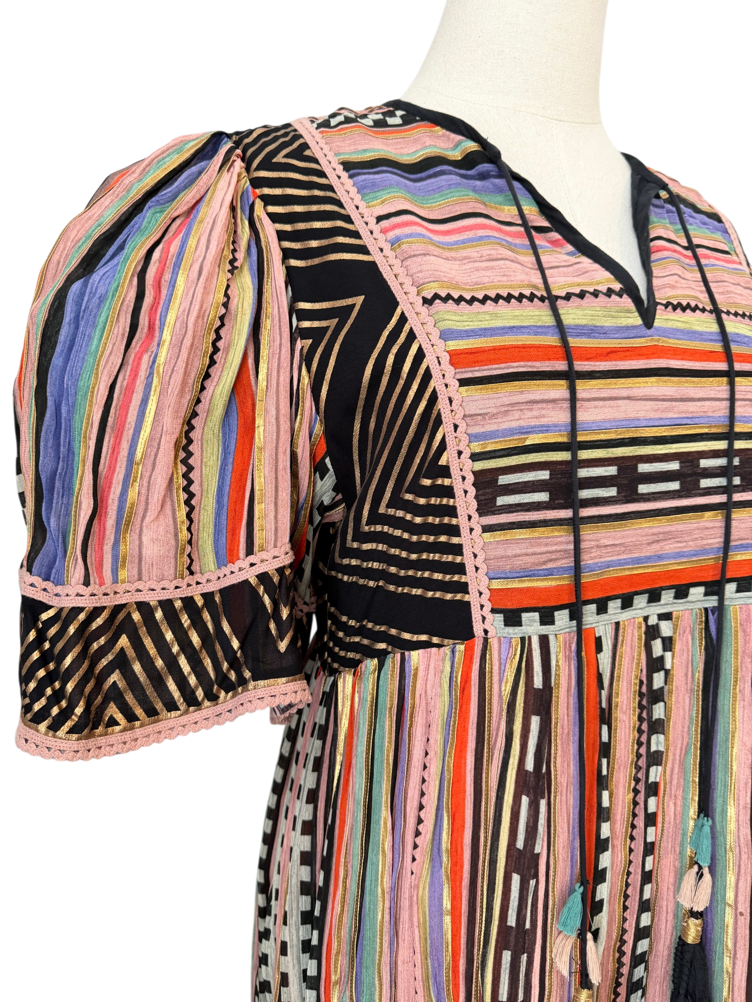 Verb by Pallavi Singhee Gauze Striped Dress with Tassel Tie