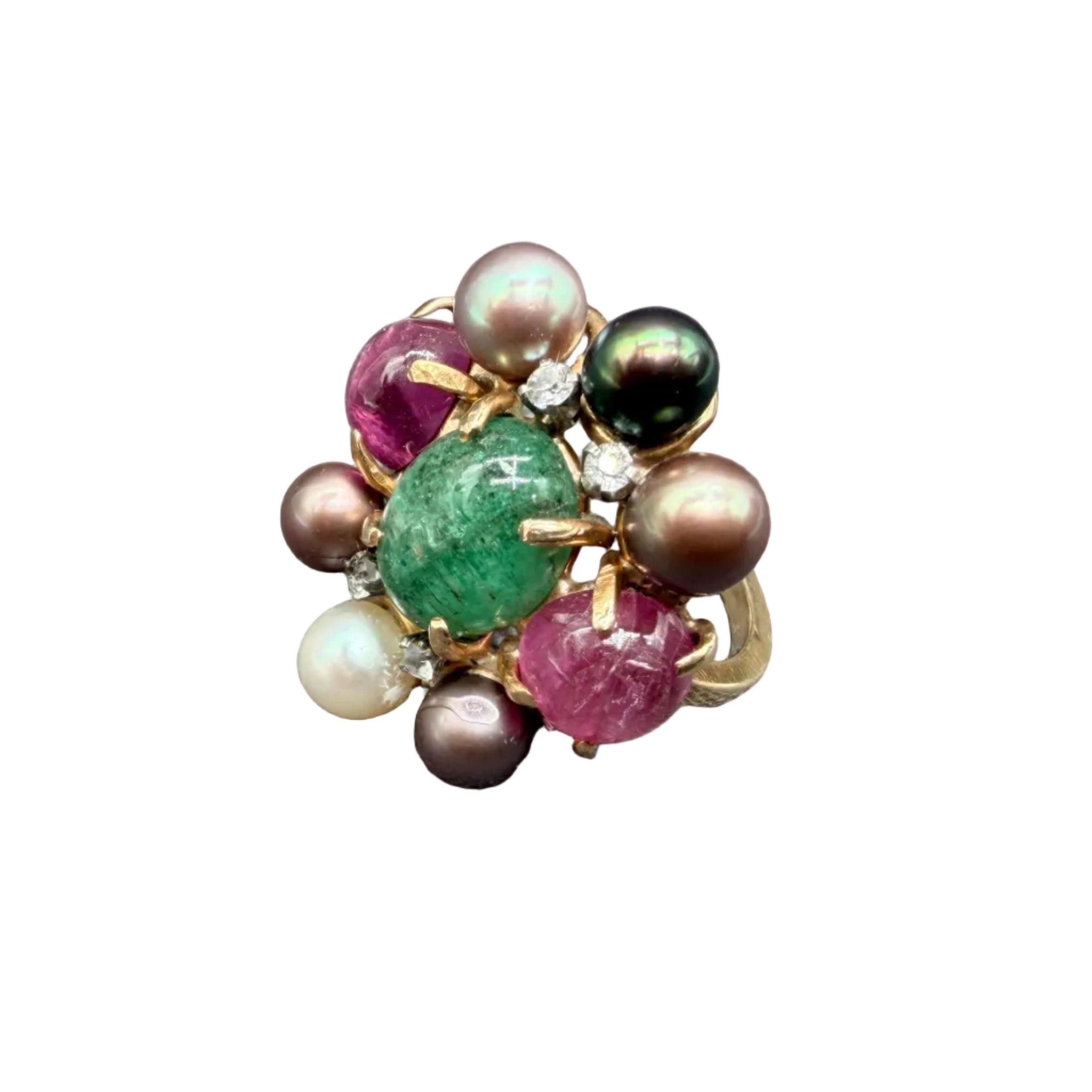 1950s 14K Gold Heliodor, Pink Tourmaline & Pearl Cluster Cocktail Ring