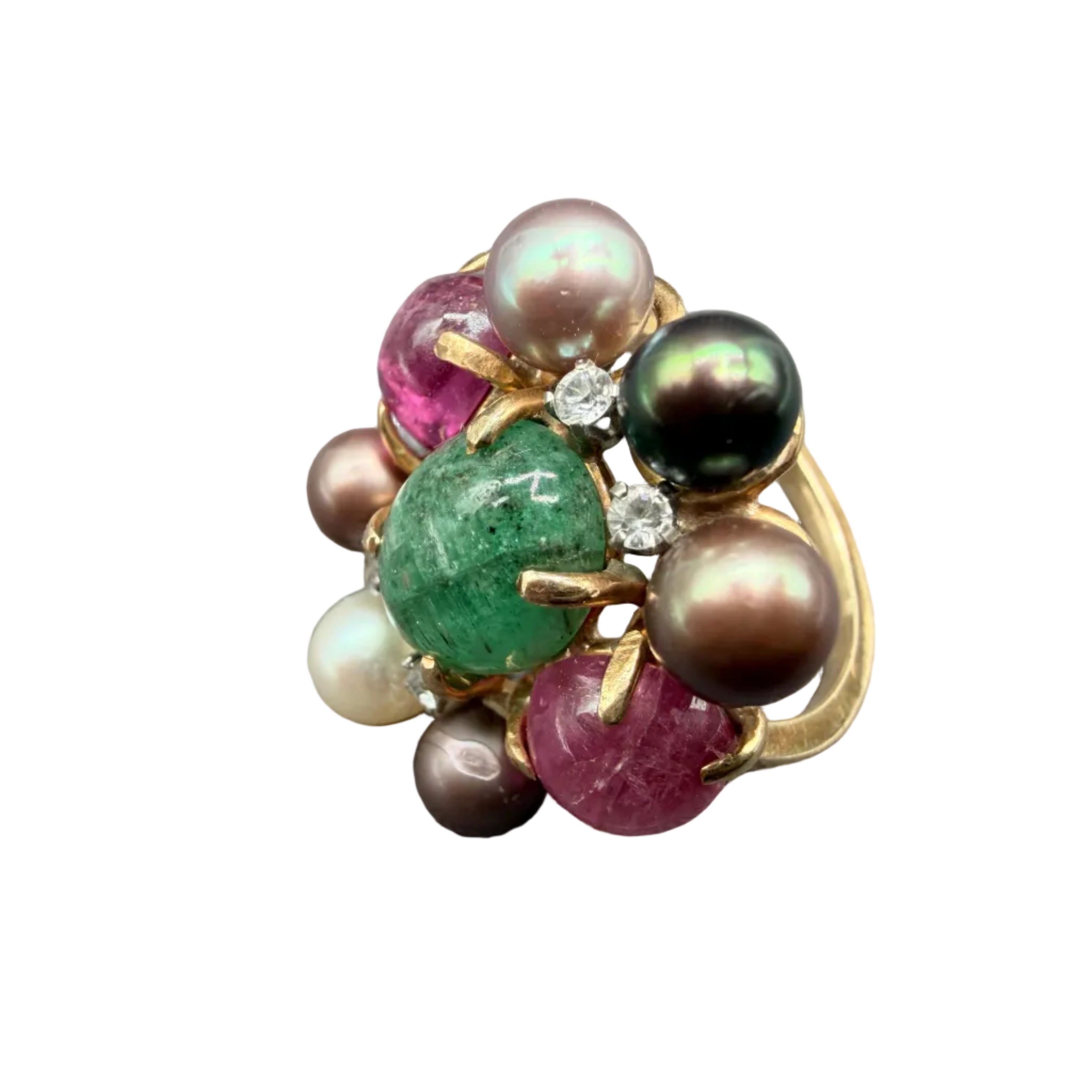 1950s 14K Gold Heliodor, Pink Tourmaline & Pearl Cluster Cocktail Ring