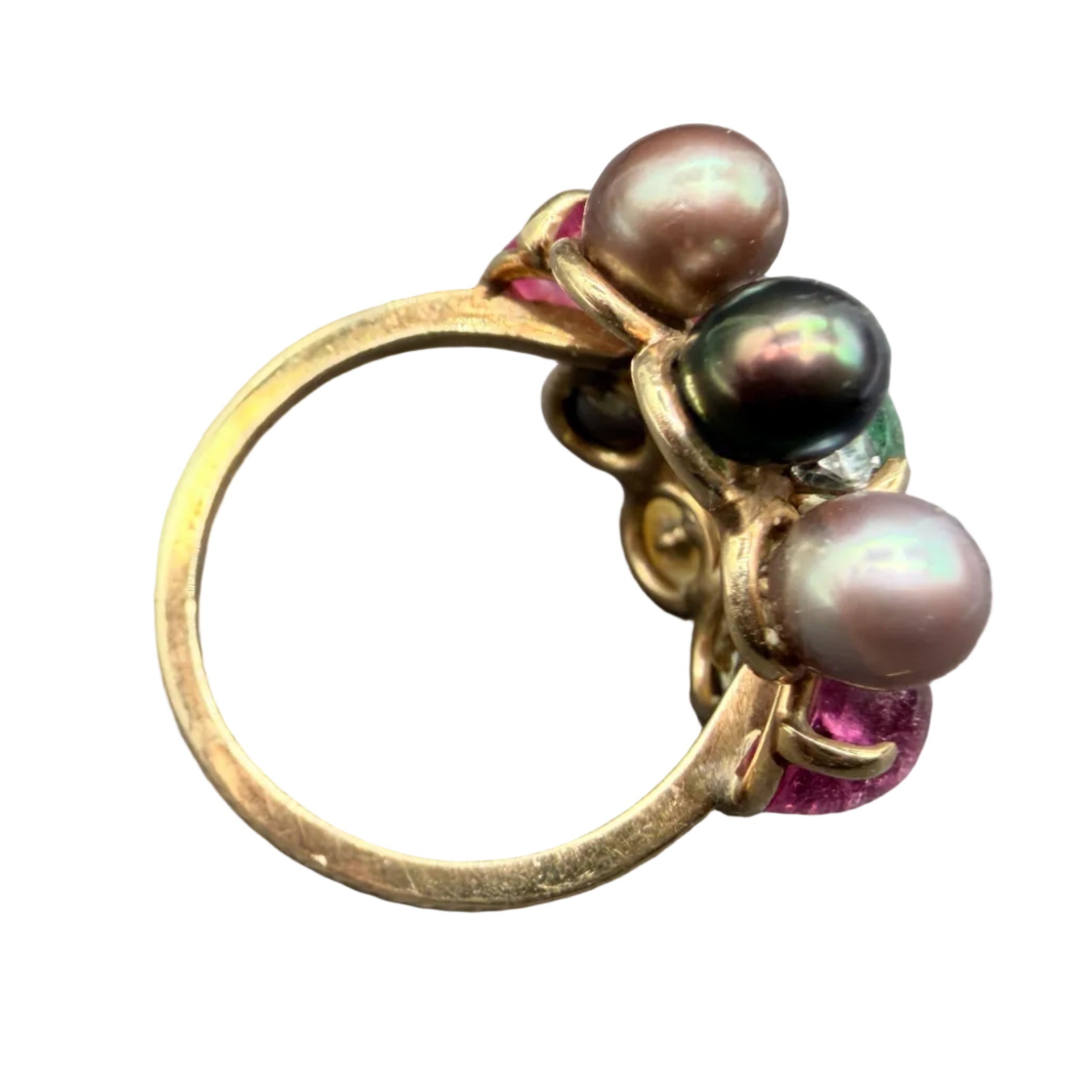 1950s 14K Gold Heliodor, Pink Tourmaline & Pearl Cluster Cocktail Ring