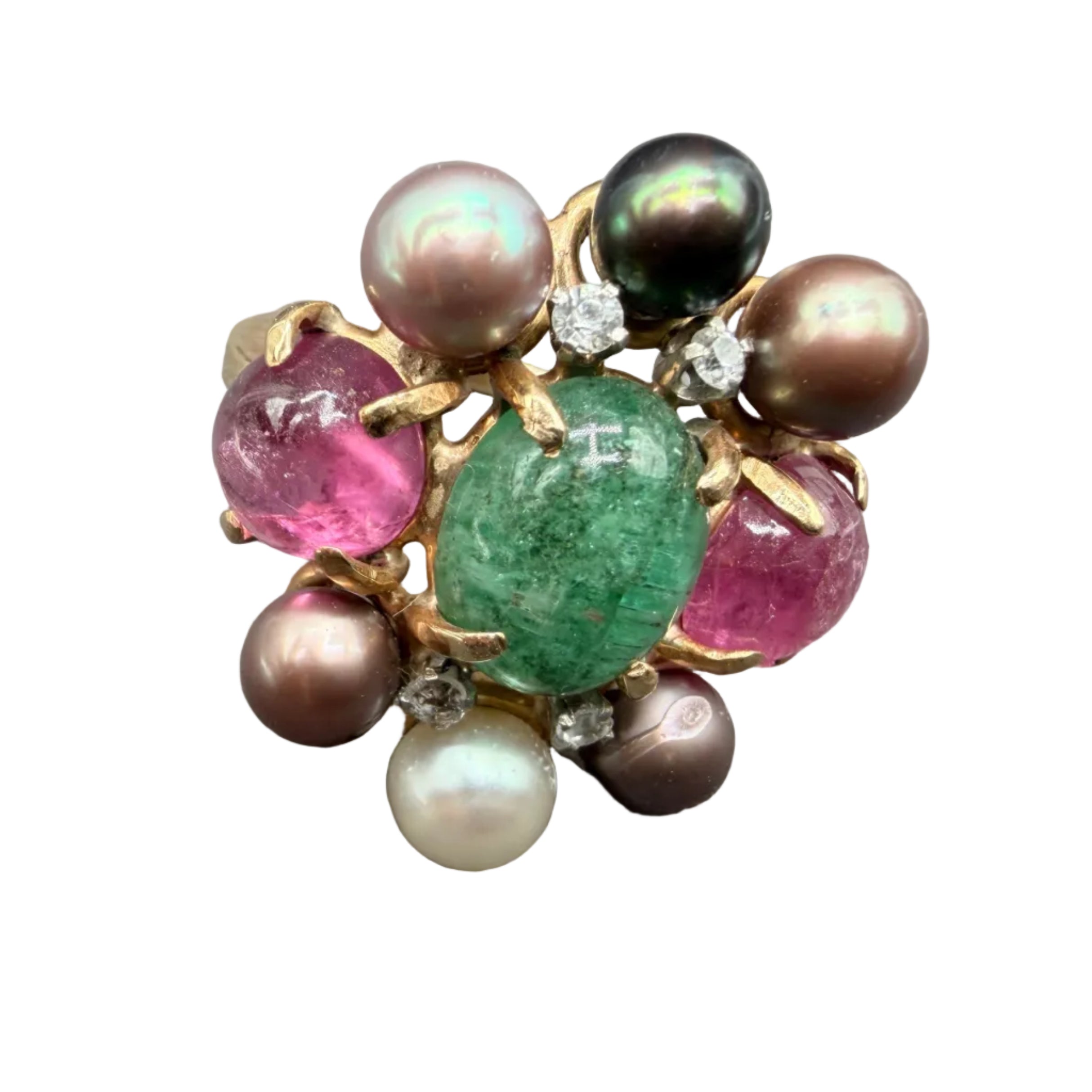 1950s 14K Gold Heliodor, Pink Tourmaline & Pearl Cluster Cocktail Ring