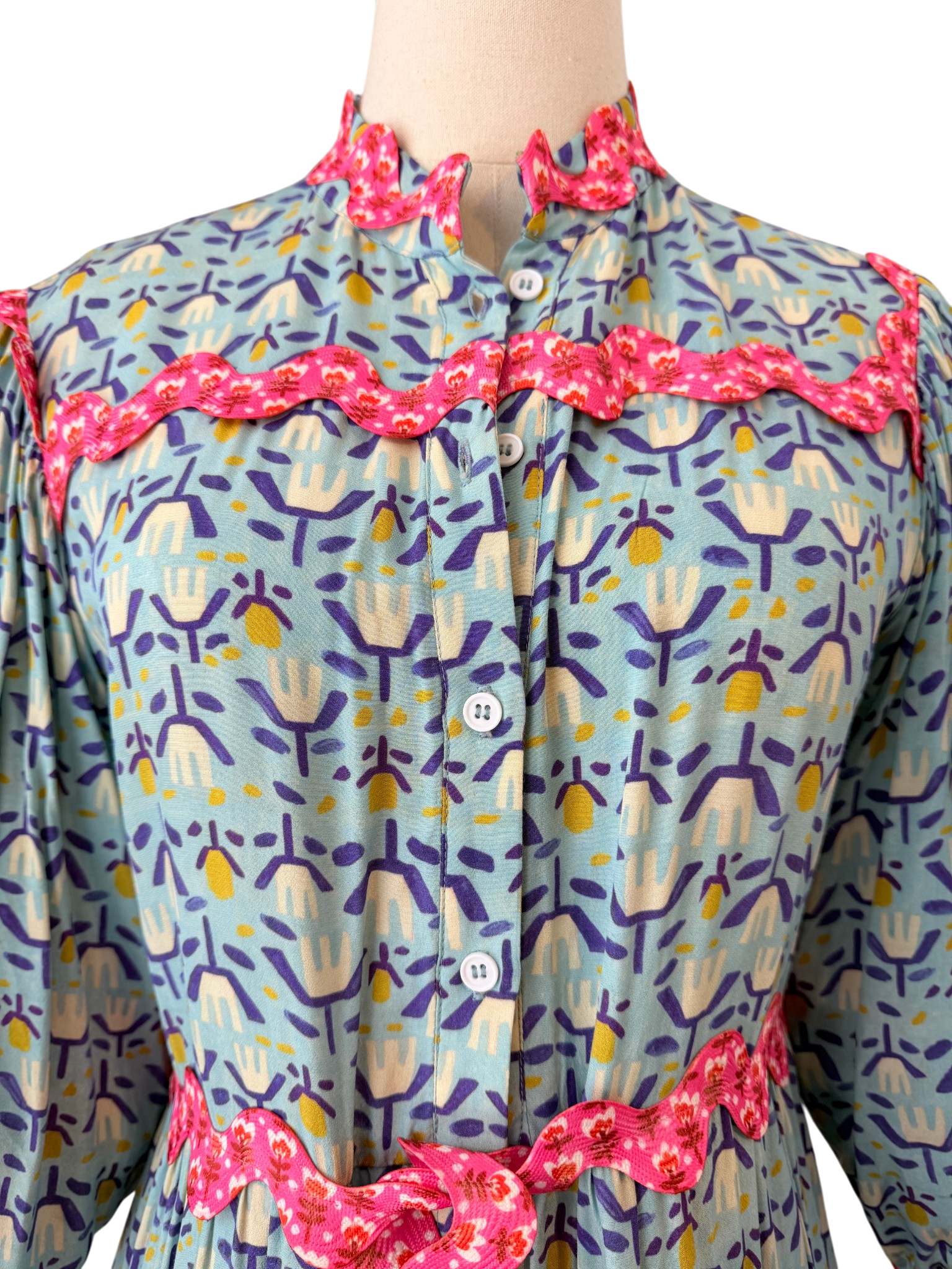 CeliaB “Sabina Sunset” Floral Rayon Dress with Ric Rac Trim