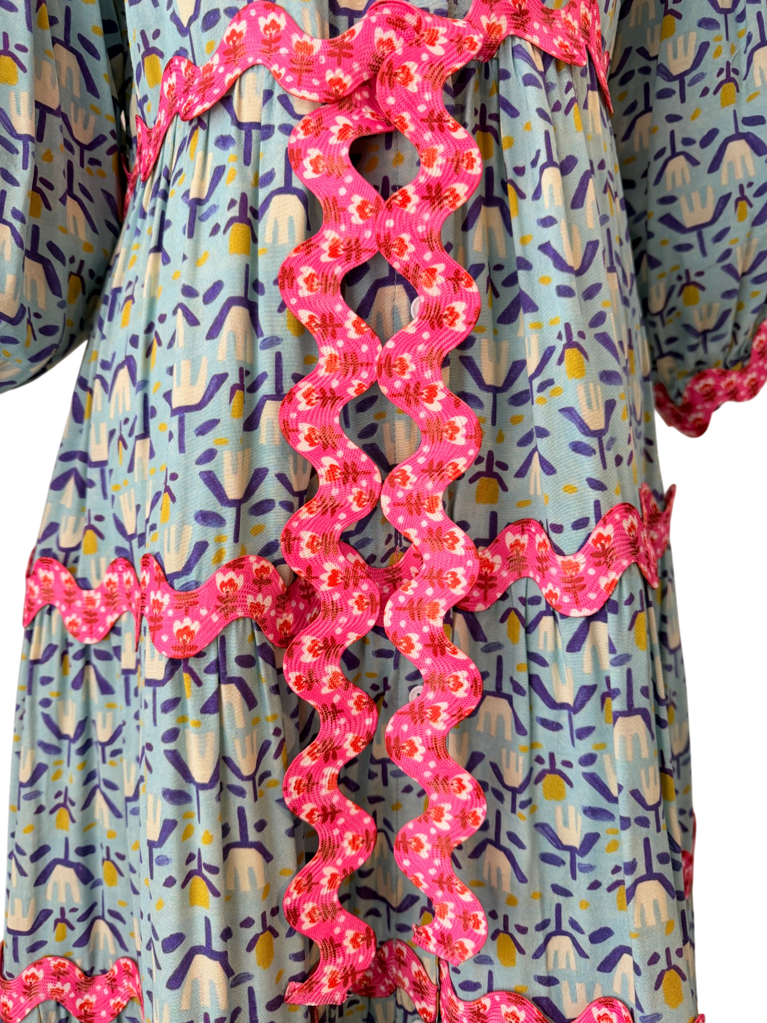 CeliaB “Sabina Sunset” Floral Rayon Dress with Ric Rac Trim