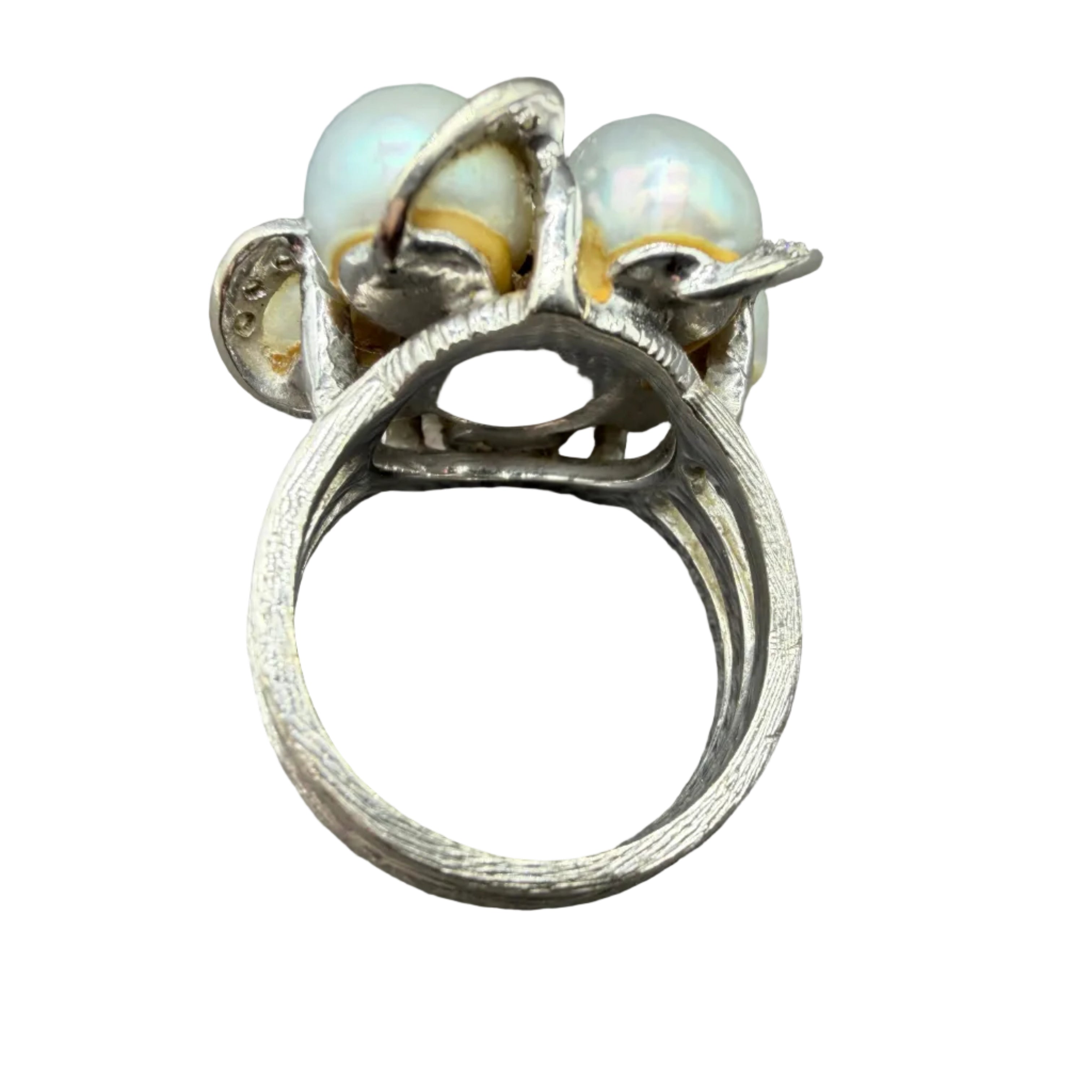 1950s 14K White Gold Triple-Band Ring with Australian White Pearls, Diamonds & Sapphires
