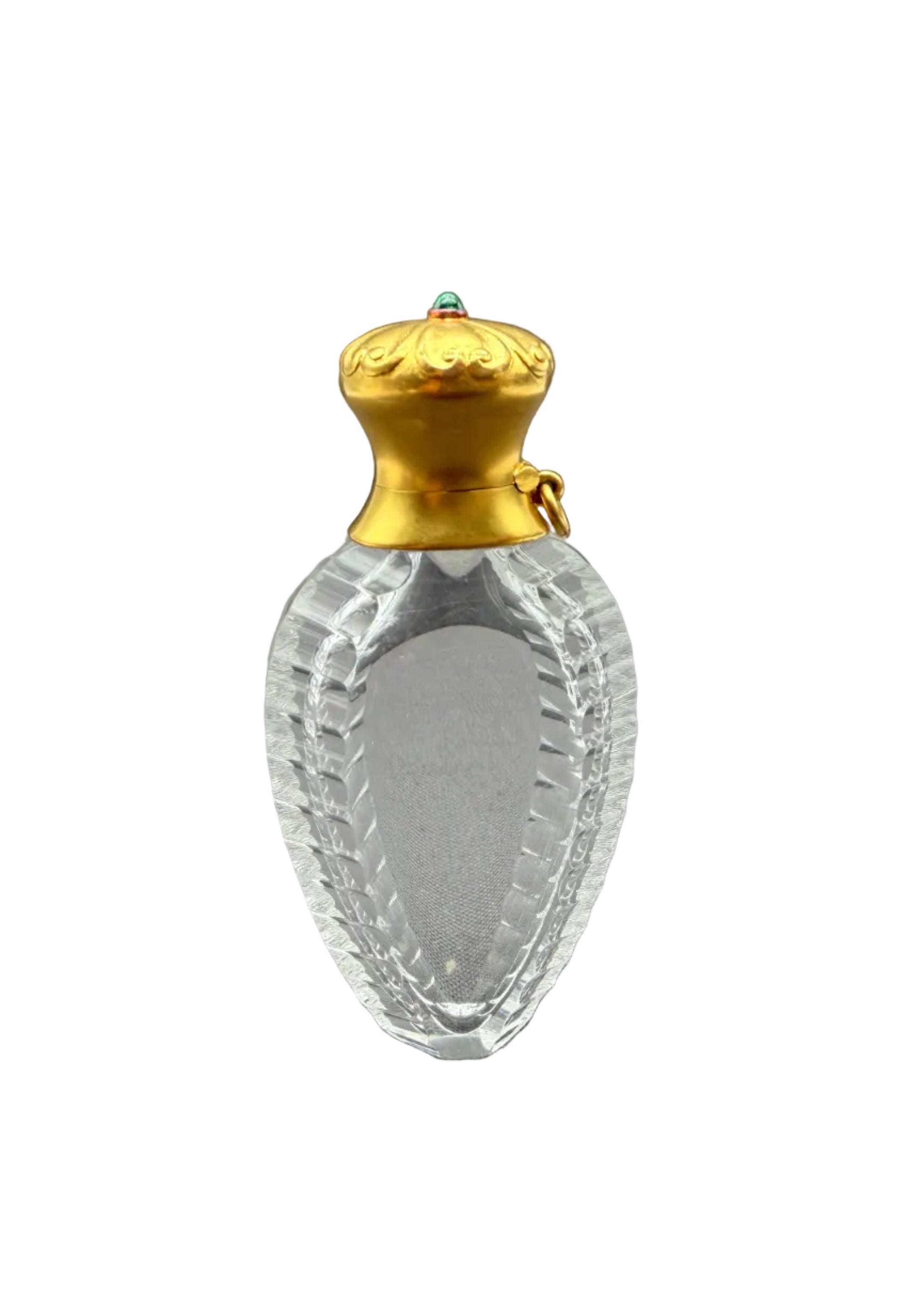 Rare Antique Tiffany & Co. New York Carved Rock Crystal Perfume Bottle with 14K Gold & Emerald Cabochon