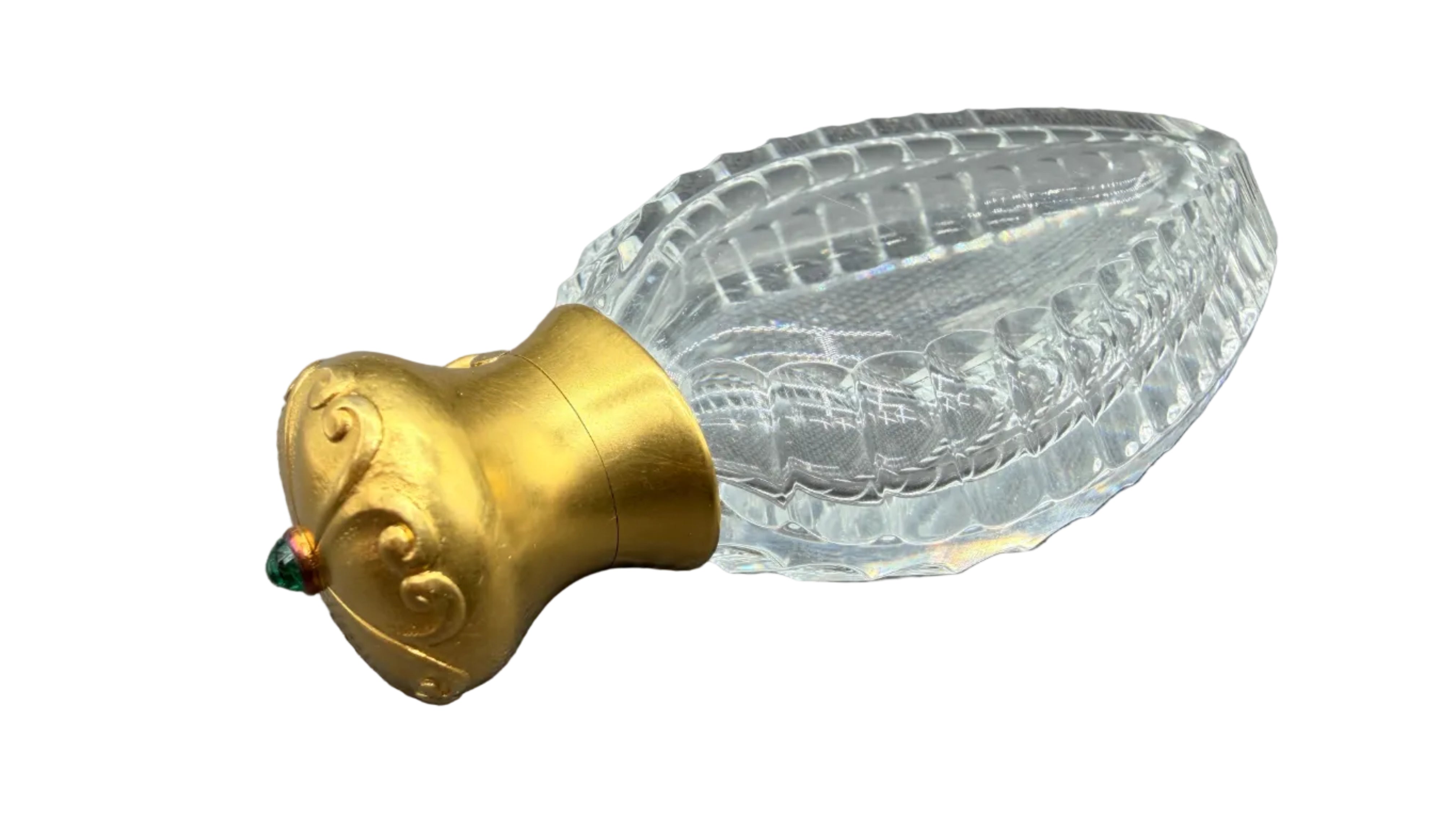 Rare Antique Tiffany & Co. New York Carved Rock Crystal Perfume Bottle with 14K Gold & Emerald Cabochon