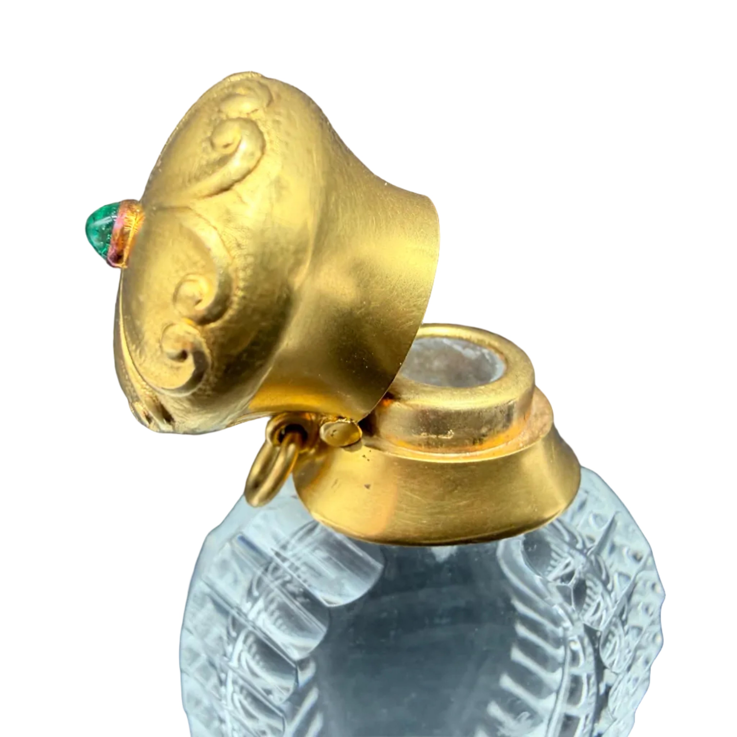 Rare Antique Tiffany & Co. New York Carved Rock Crystal Perfume Bottle with 14K Gold & Emerald Cabochon