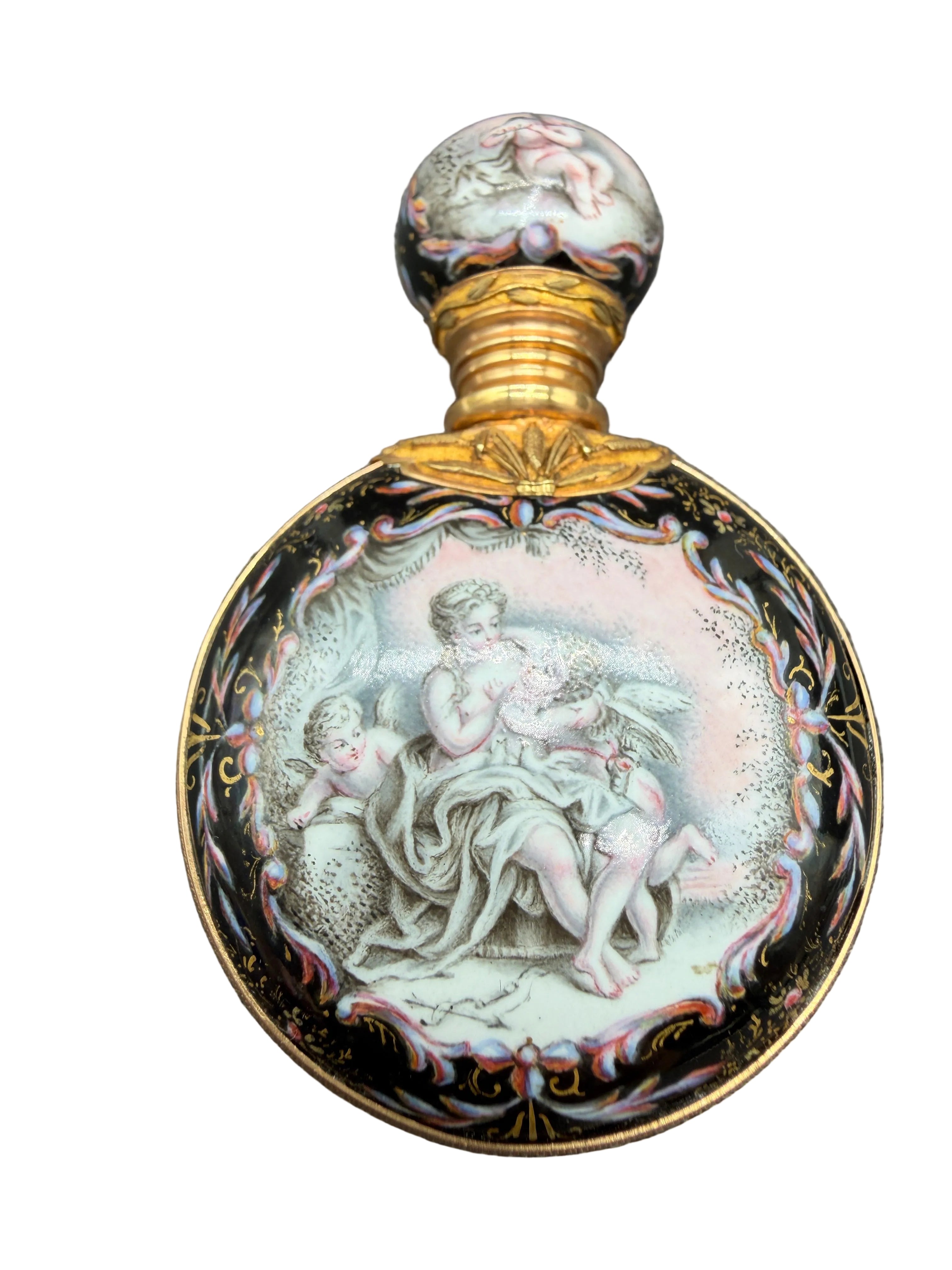19th Century Viennese Enamel & 14K Gold Mounted Scent Bottle with Hand-Painted Rococo Angels