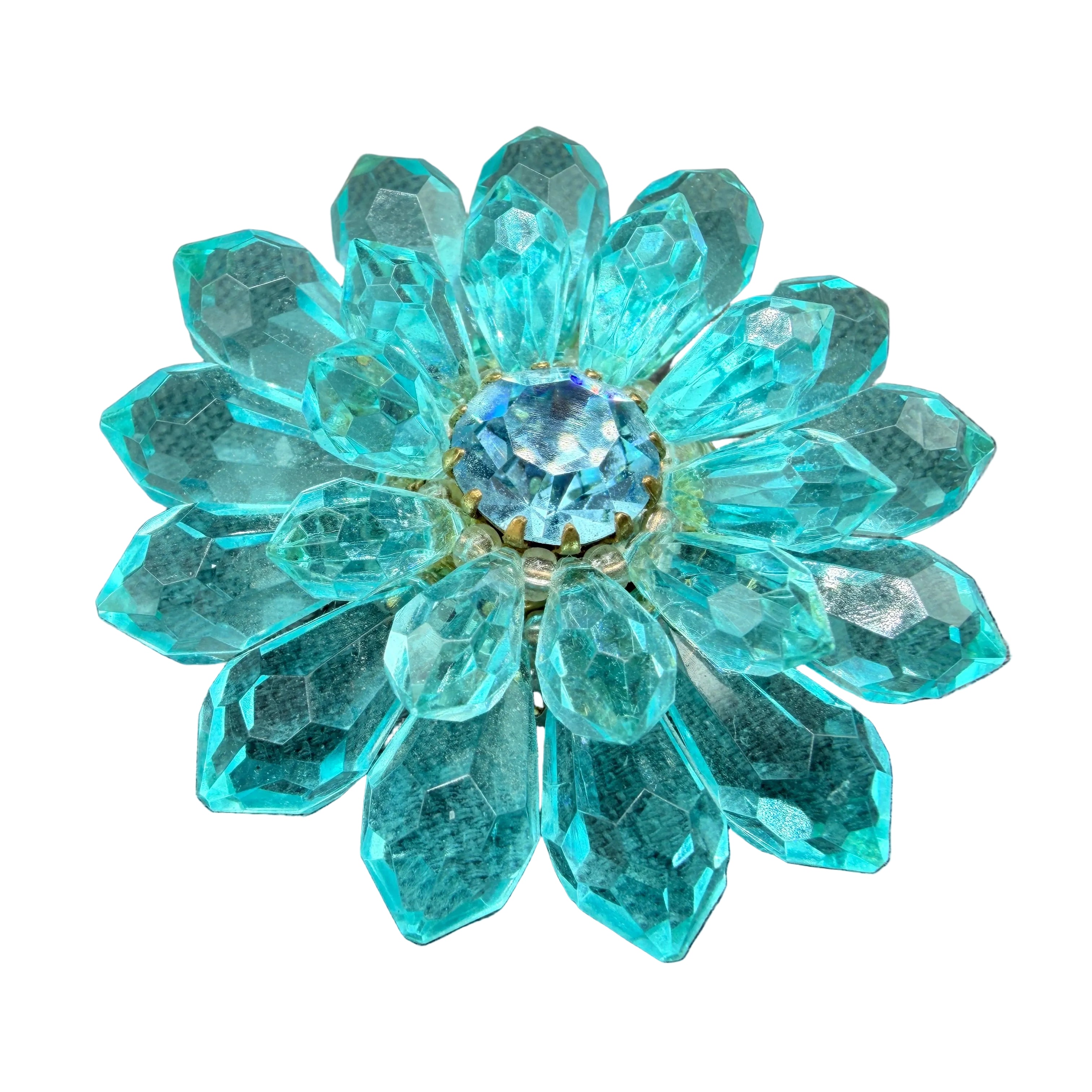1940s Western Germany Acrylic 3D Flower Brooch with Prong-Set Aqua Rhinestone Center