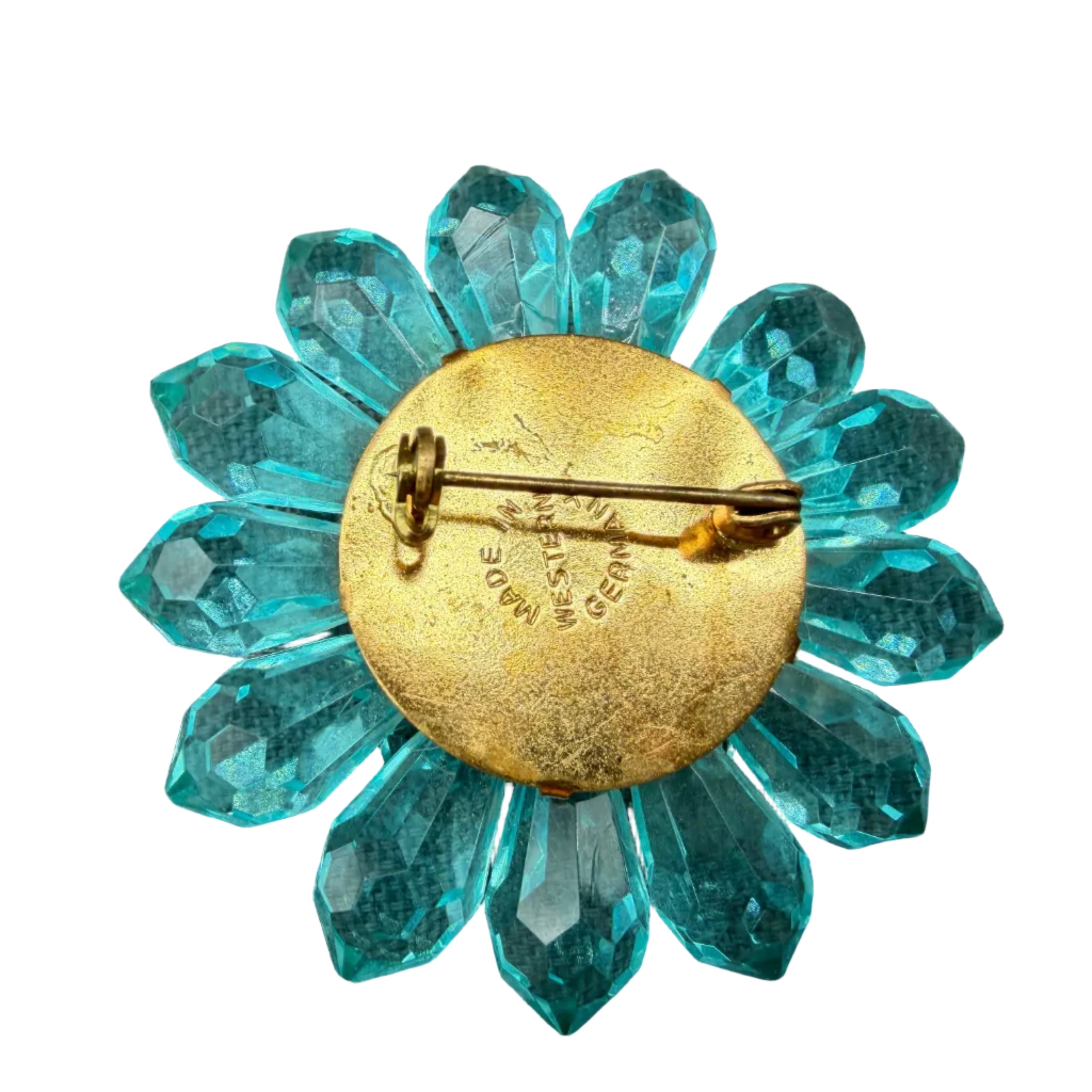 1940s Western Germany Acrylic 3D Flower Brooch with Prong-Set Aqua Rhinestone Center