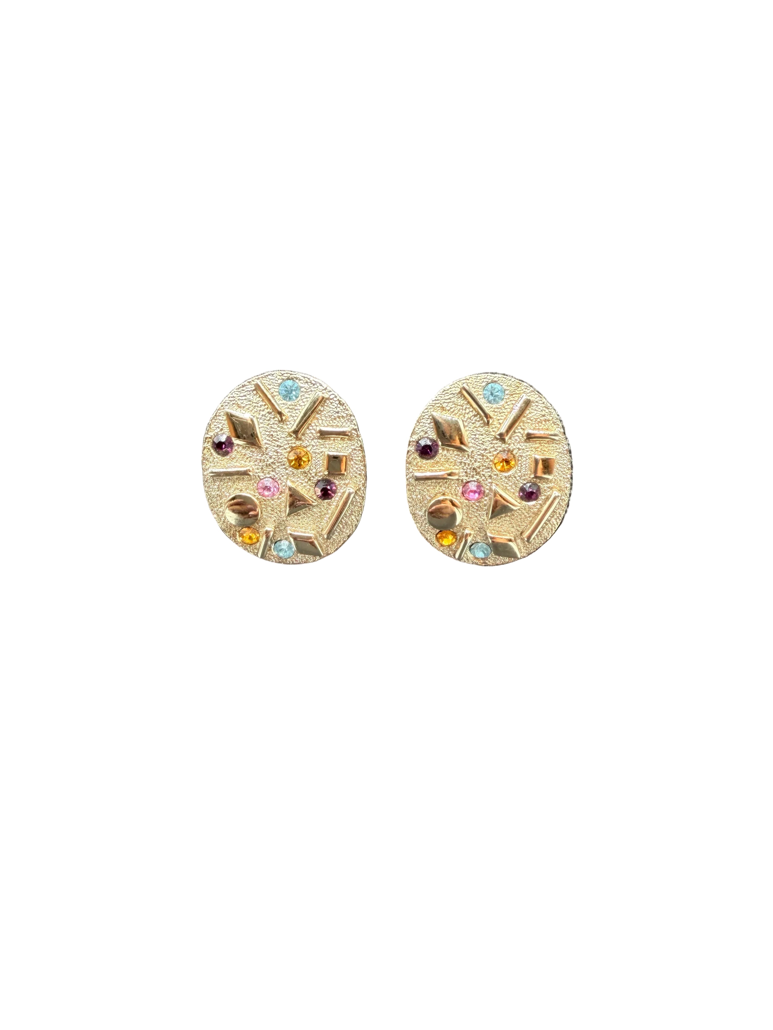 1960s Sarah Coventry Mid-Century Modern Gold-Tone Oval Clip Earrings with Multicolored Rhinestones