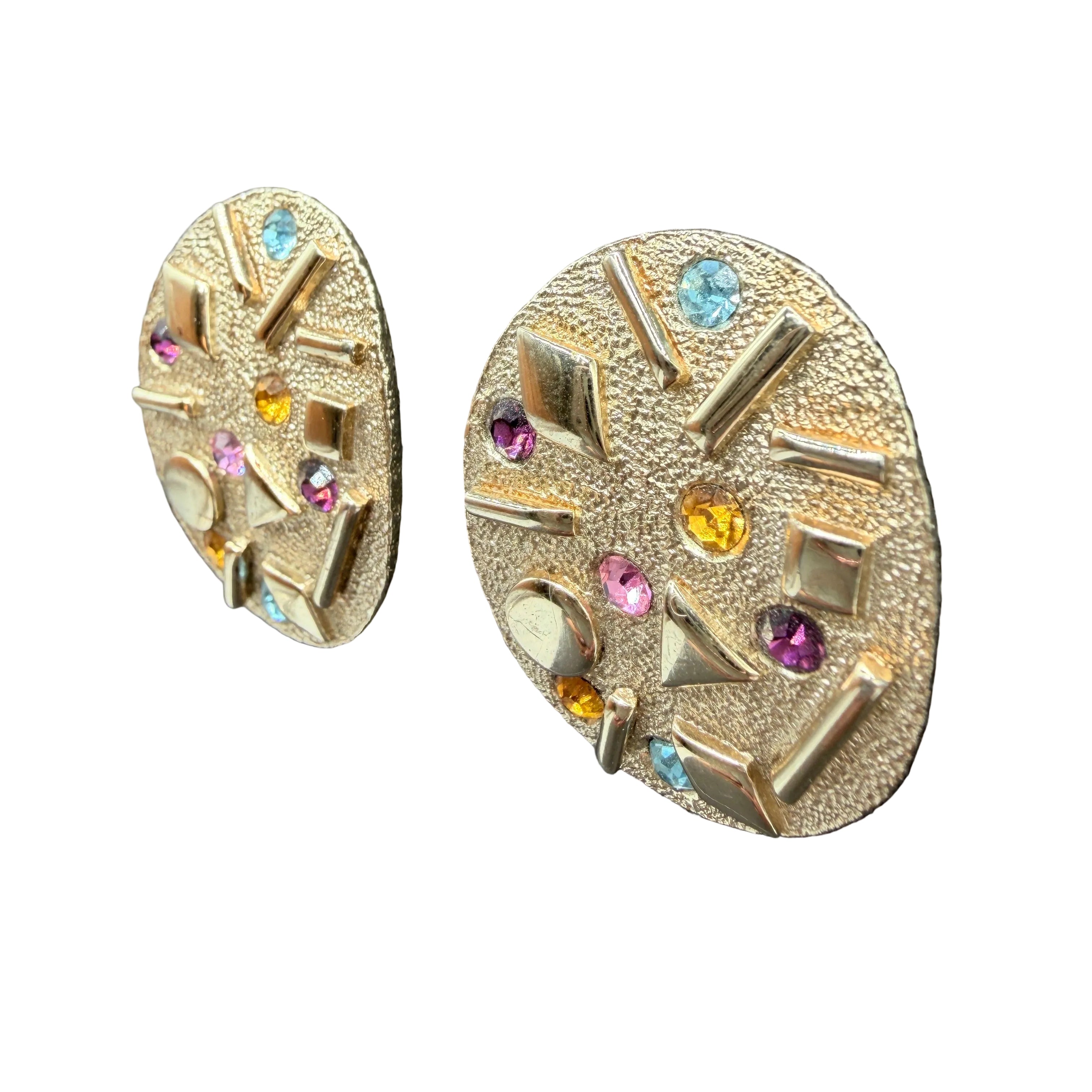 1960s Sarah Coventry Mid-Century Modern Gold-Tone Oval Clip Earrings with Multicolored Rhinestones