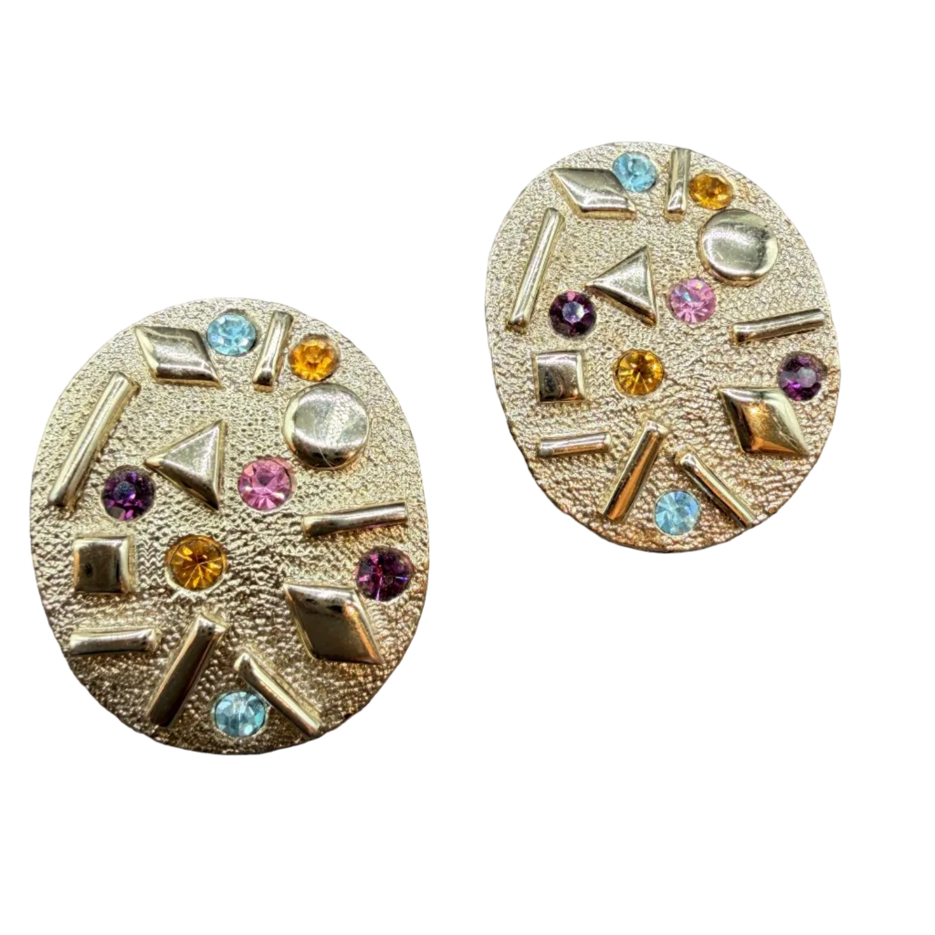 1960s Sarah Coventry Mid-Century Modern Gold-Tone Oval Clip Earrings with Multicolored Rhinestones