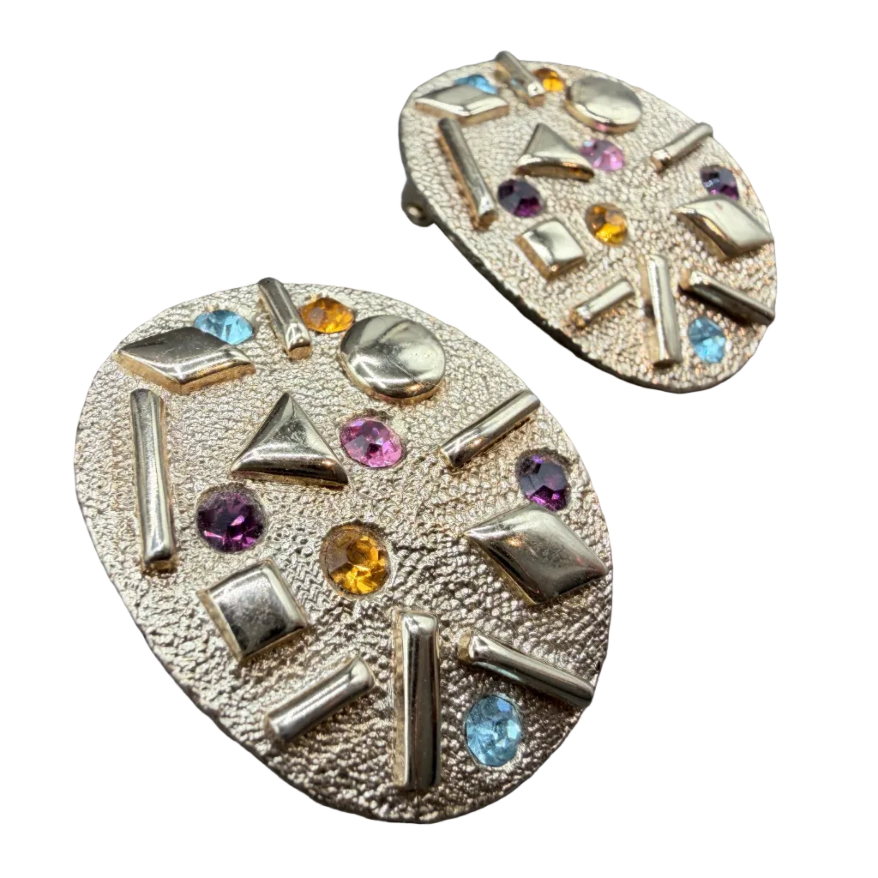 1960s Sarah Coventry Mid-Century Modern Gold-Tone Oval Clip Earrings with Multicolored Rhinestones