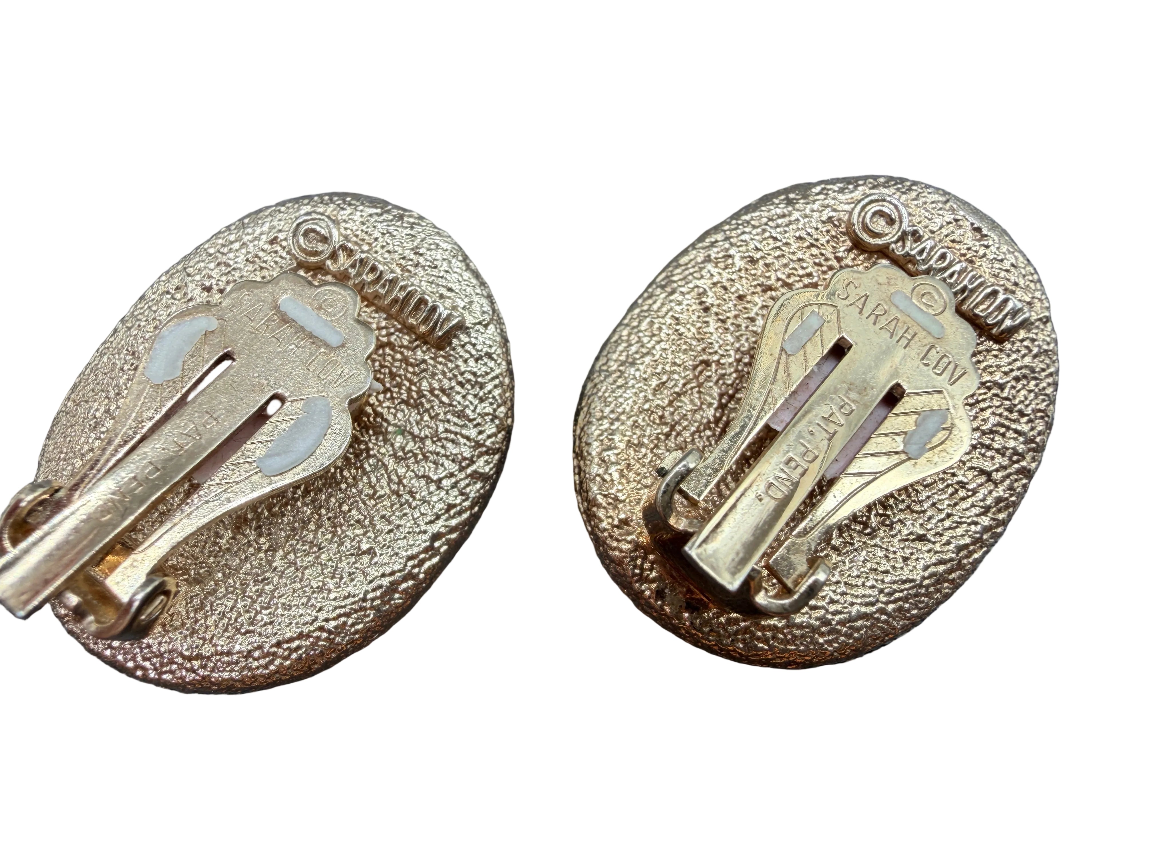 1960s Sarah Coventry Mid-Century Modern Gold-Tone Oval Clip Earrings with Multicolored Rhinestones