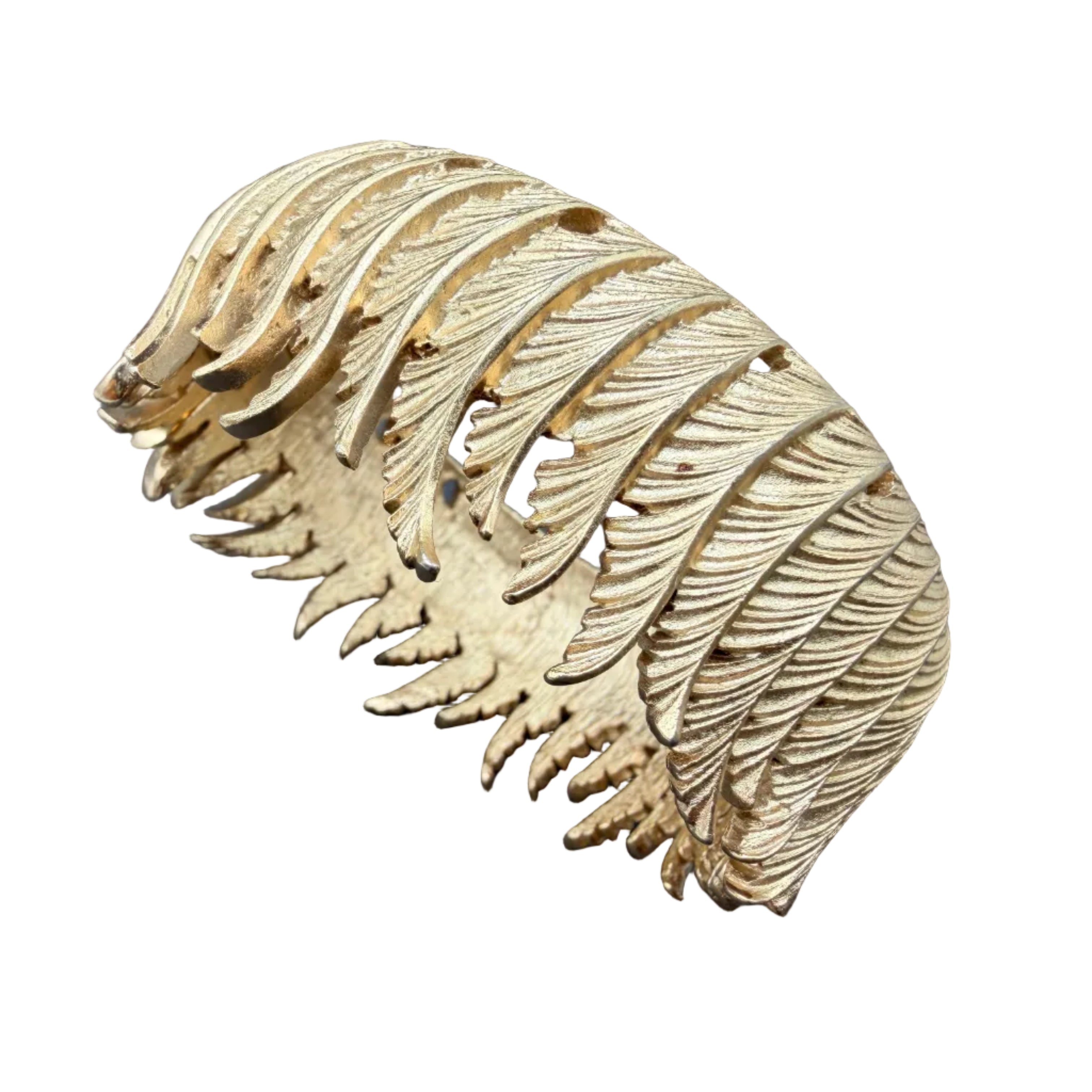 1960s Crown Trifari Gold-Tone Feather Hinged Bangle Bracelet