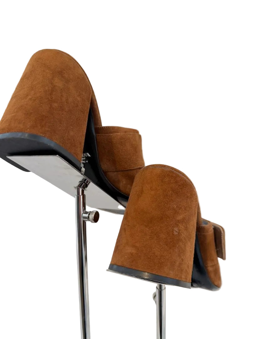Prada Suede Peep-Toe Mule Heels with 3D Silver Ball Detail